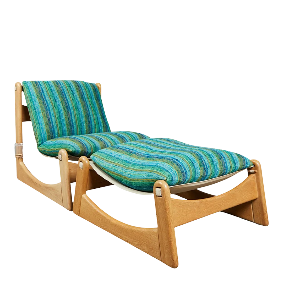 1960s Carl Straub : oak & striped lounge chair   ottoman