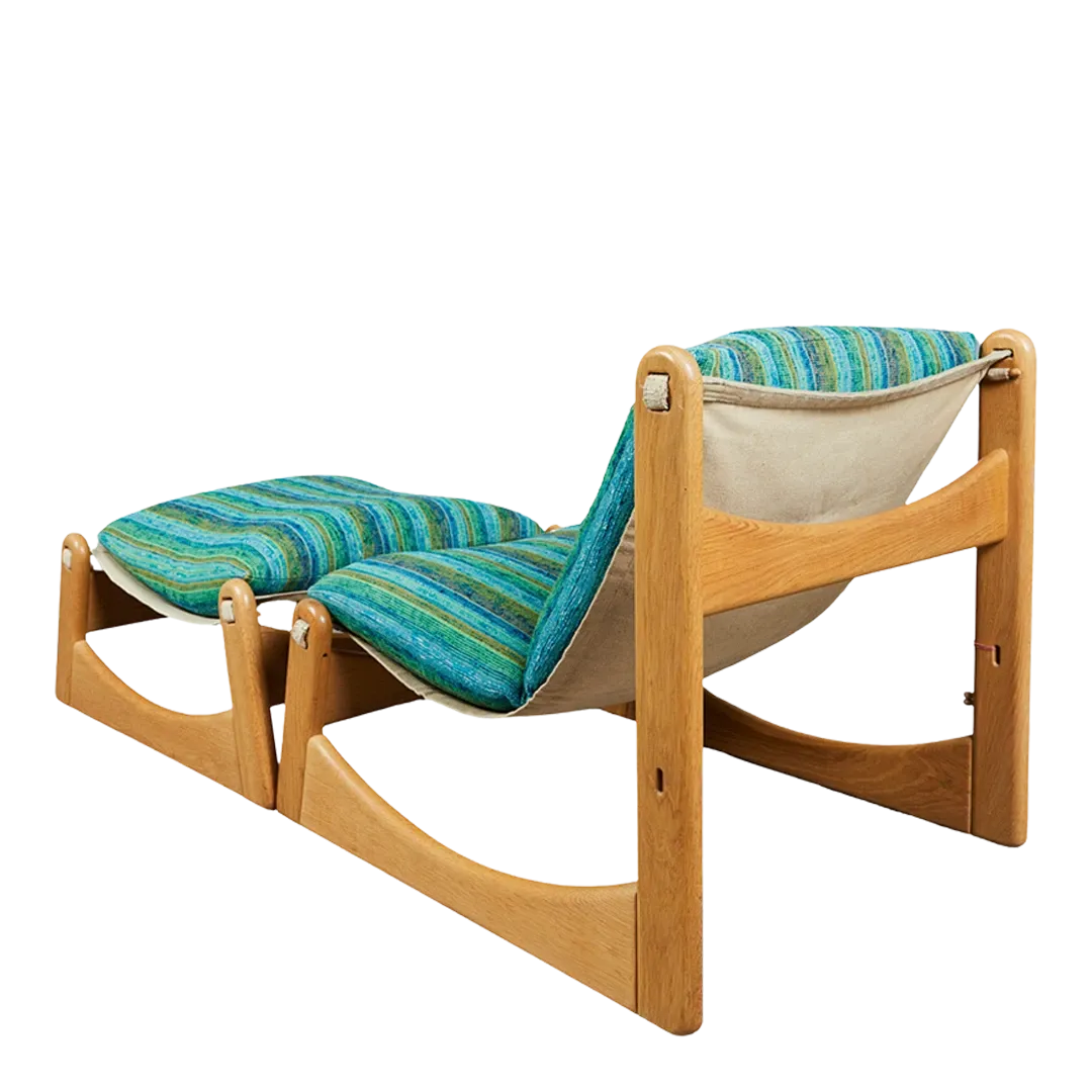 1960s Carl Straub : oak & striped lounge chair   ottoman