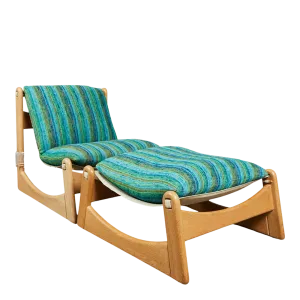 1960s Carl Straub : oak & striped lounge chair   ottoman