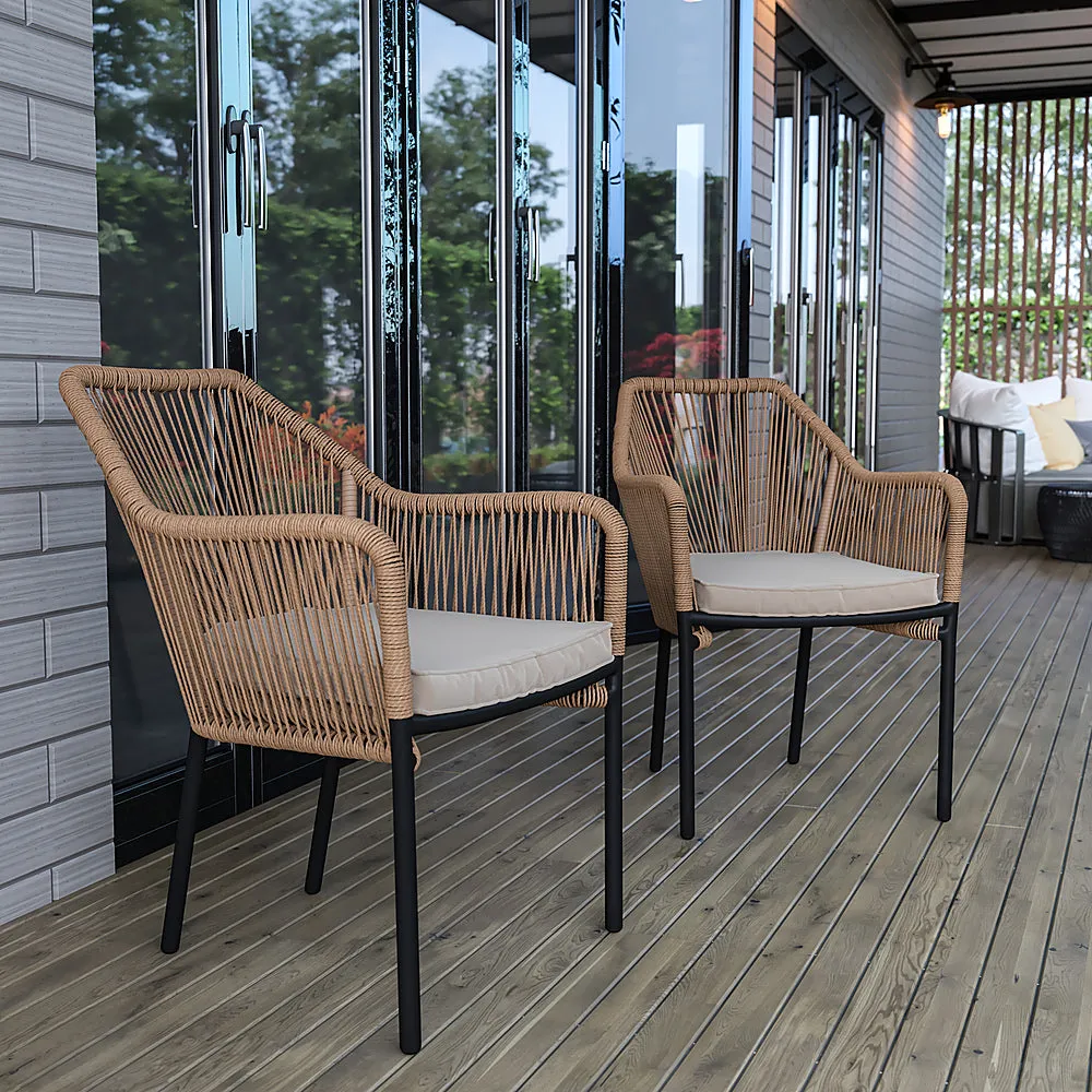 Alamont Home - Kallie Woven Indoor/Outdoor Stacking Club Chairs in Natural - Ivory Cushions-Set of 2 - Natural/Ivory