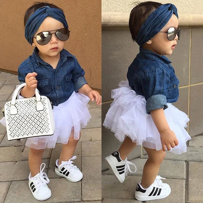 Baby Girl Summer Clothing Sets Baby Girls Clothes Denim Shirt Top  Tutu Skirts Headband 3pcs Outfits Sets 0-5T
