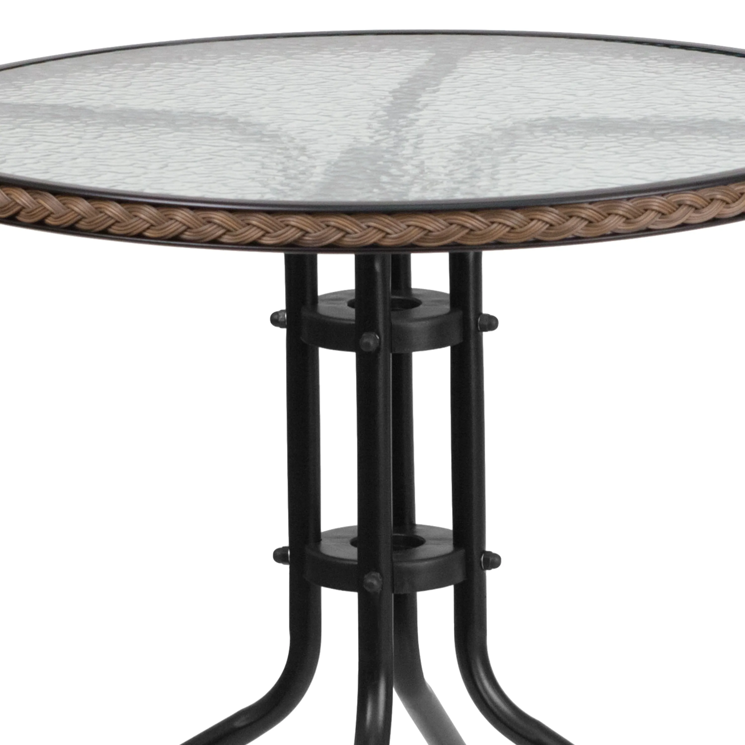 Barker 28'' Round Glass Metal Table with Rattan Edging and 2 Rattan Stack Chairs