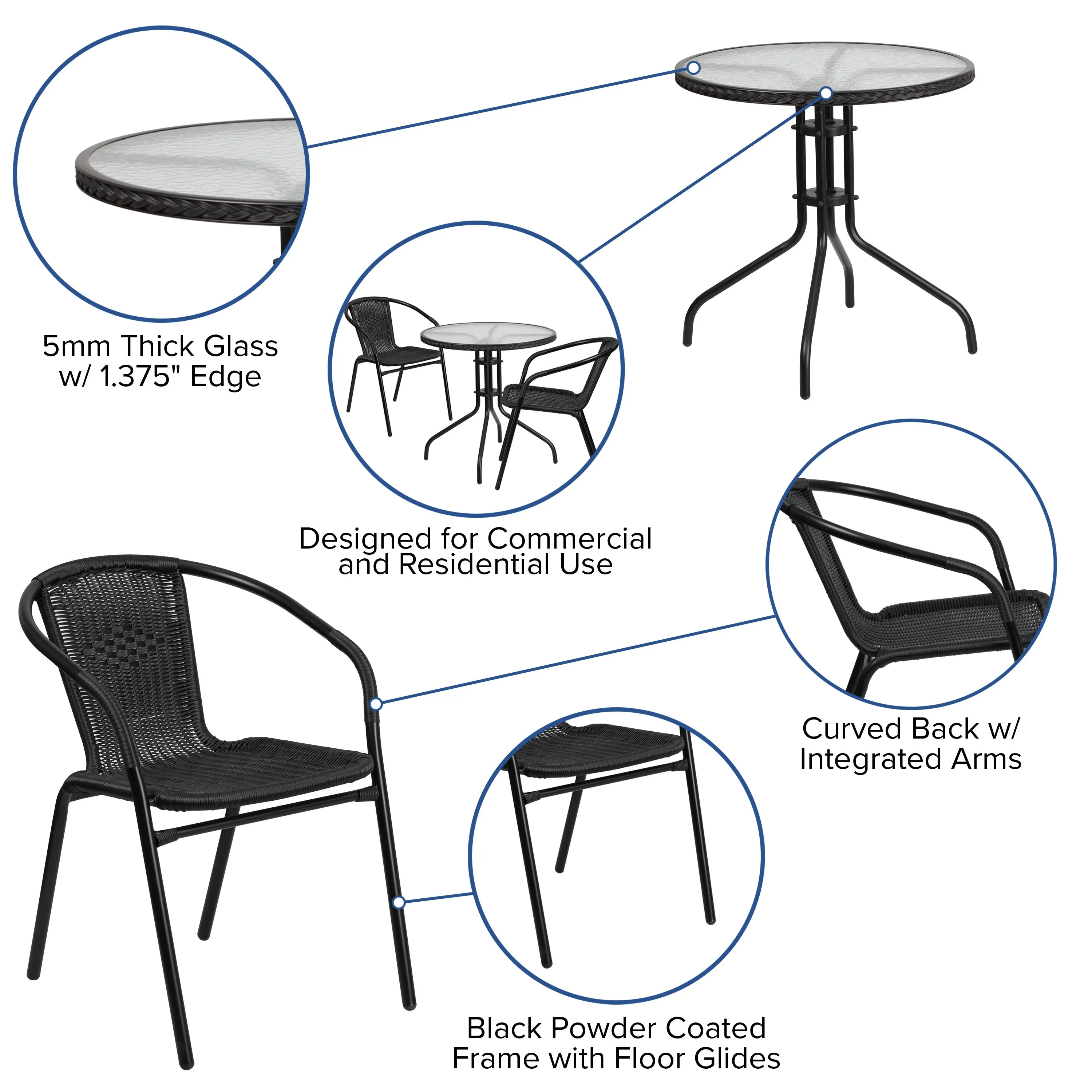 Barker 28'' Round Glass Metal Table with Rattan Edging and 2 Rattan Stack Chairs