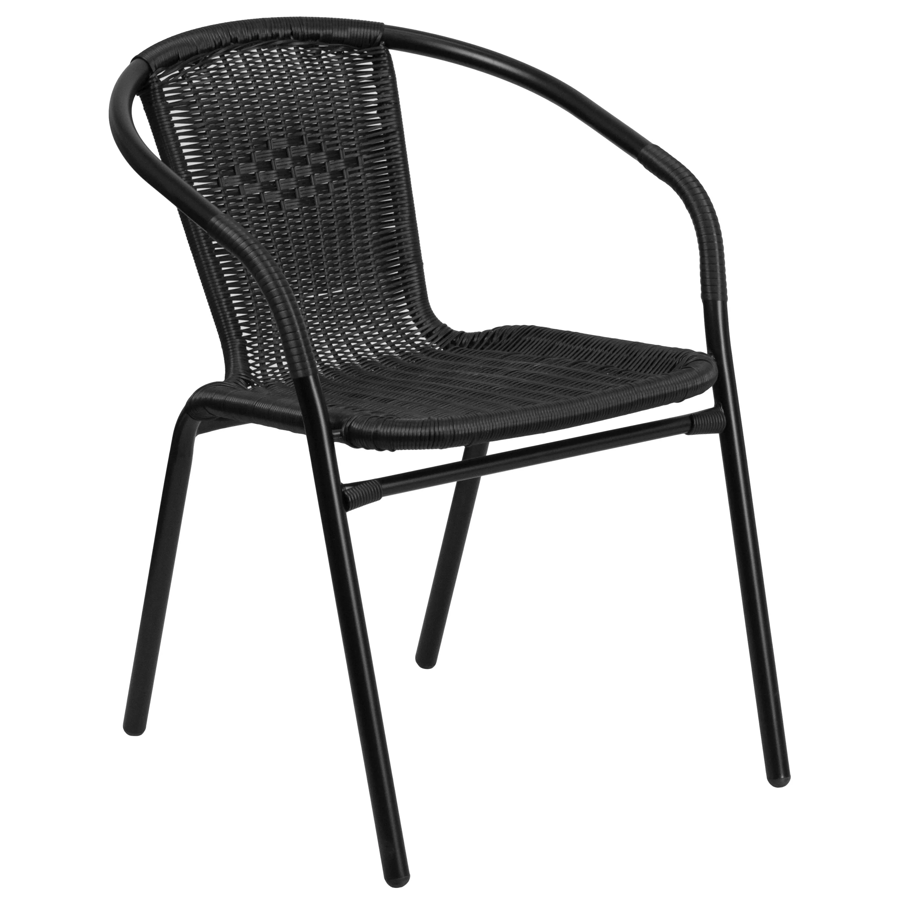 Barker 28'' Round Glass Metal Table with Rattan Edging and 2 Rattan Stack Chairs