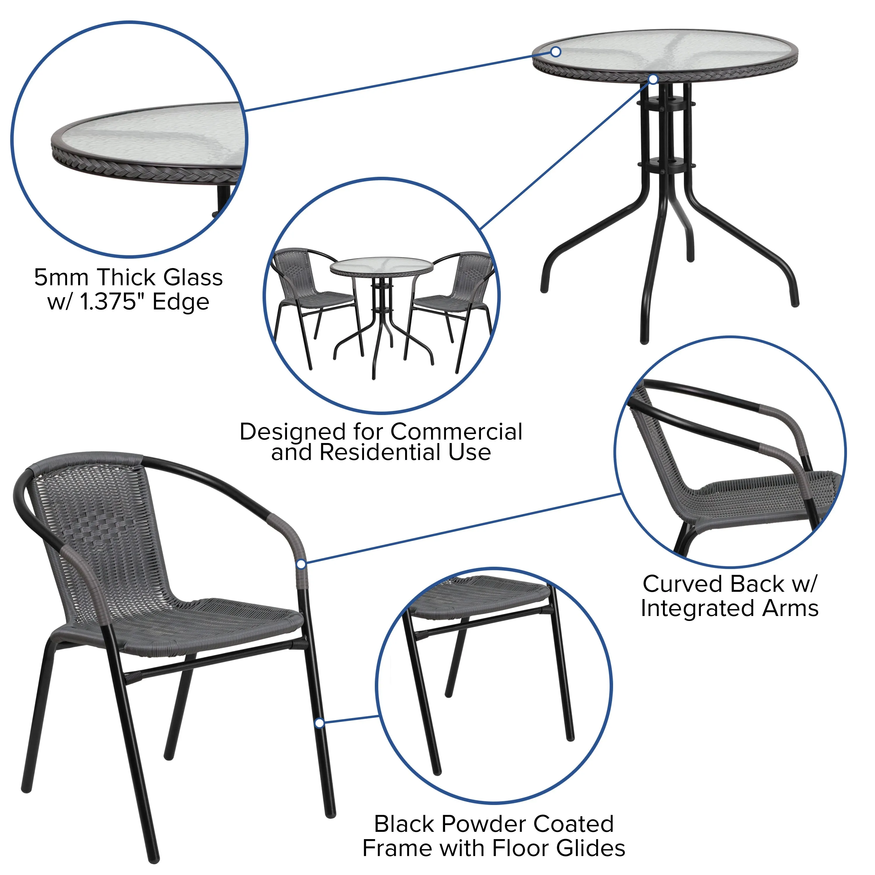Barker 28'' Round Glass Metal Table with Rattan Edging and 2 Rattan Stack Chairs