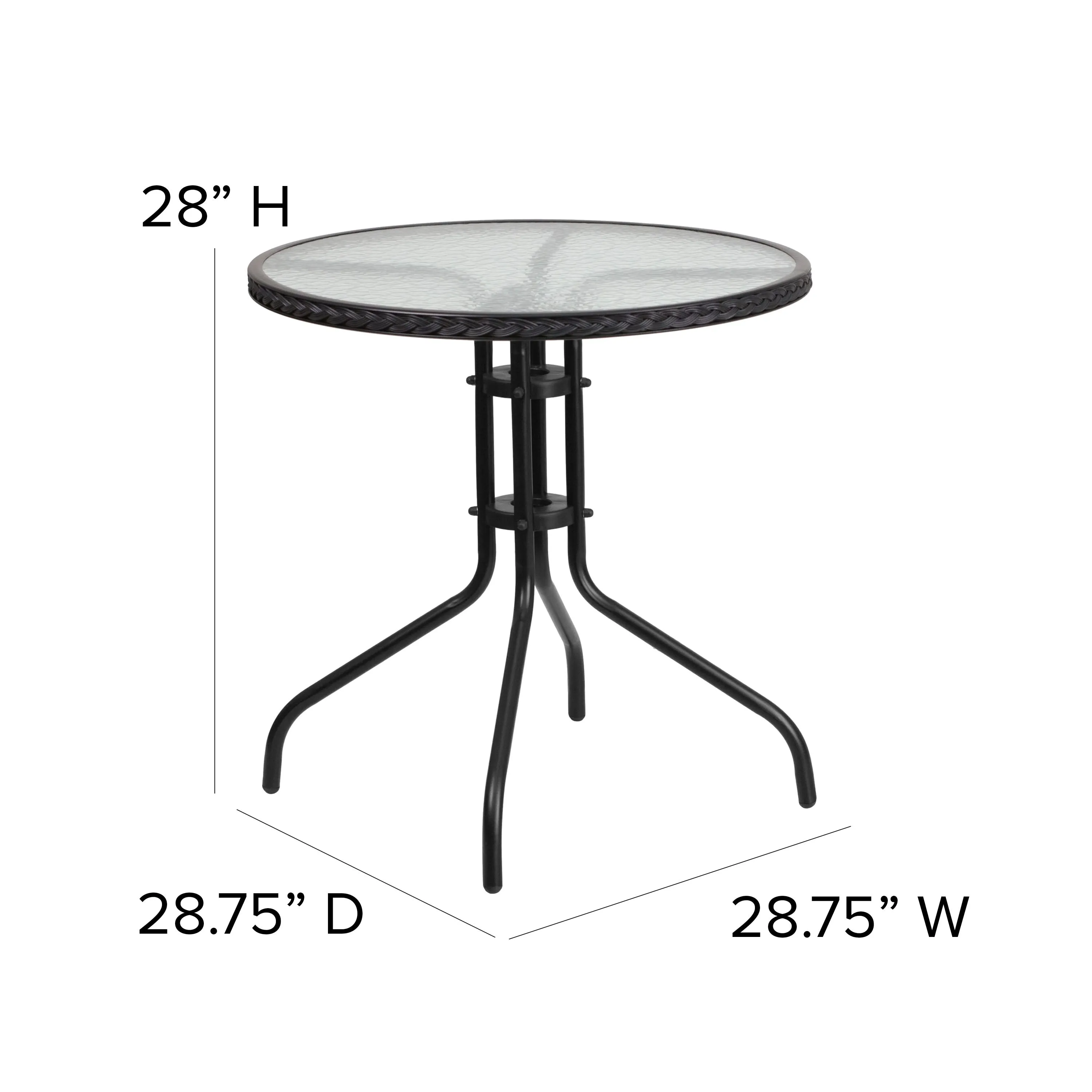 Barker 28'' Round Glass Metal Table with Rattan Edging and 2 Rattan Stack Chairs