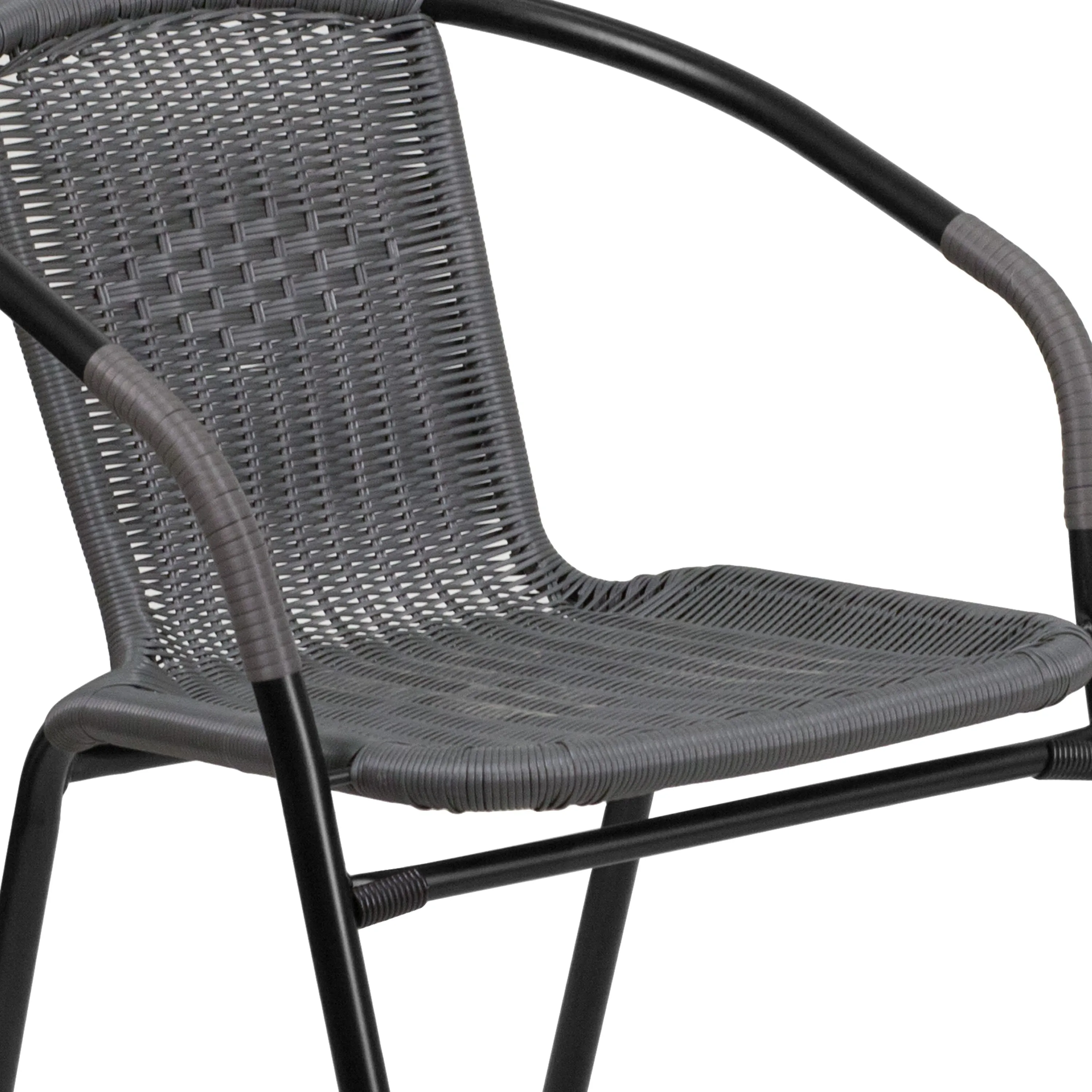 Barker 28'' Round Glass Metal Table with Rattan Edging and 2 Rattan Stack Chairs