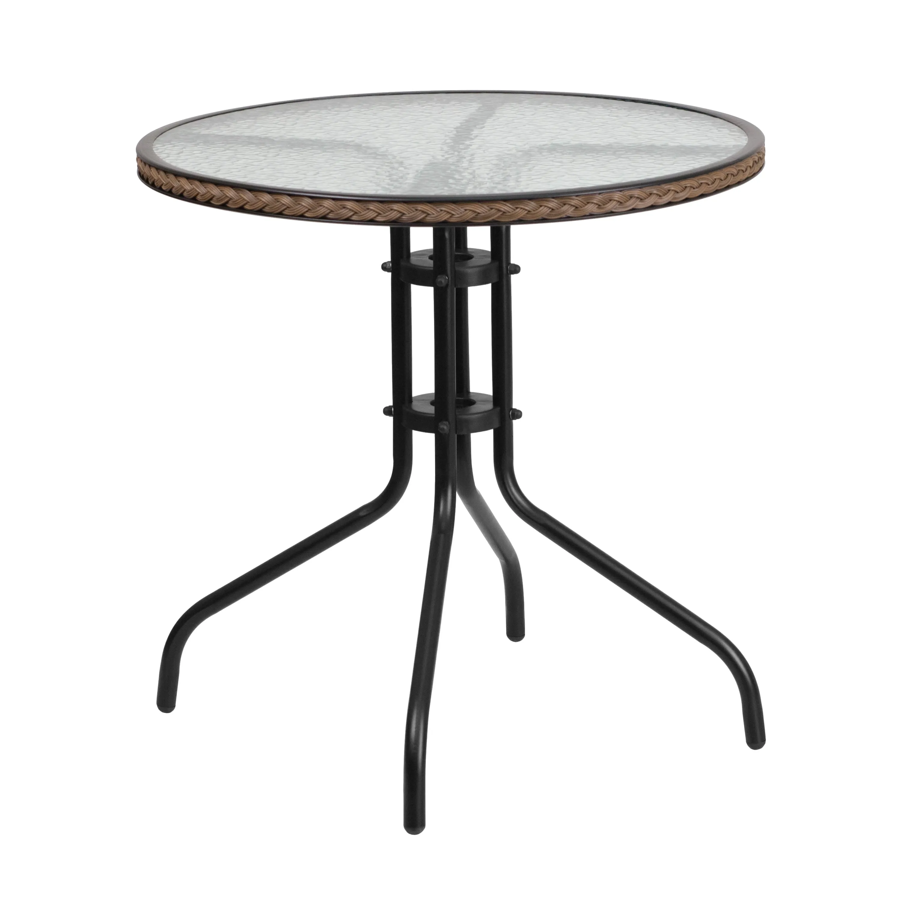 Barker 28'' Round Glass Metal Table with Rattan Edging and 2 Rattan Stack Chairs