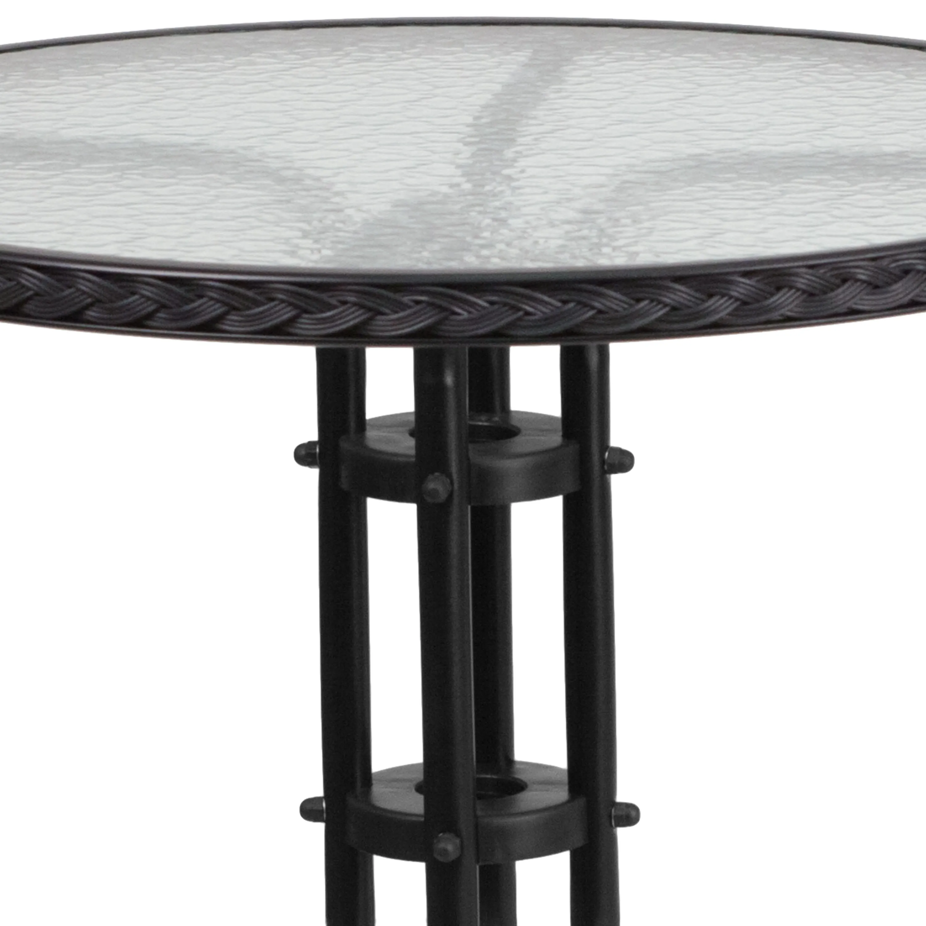 Barker 28'' Round Glass Metal Table with Rattan Edging and 2 Rattan Stack Chairs