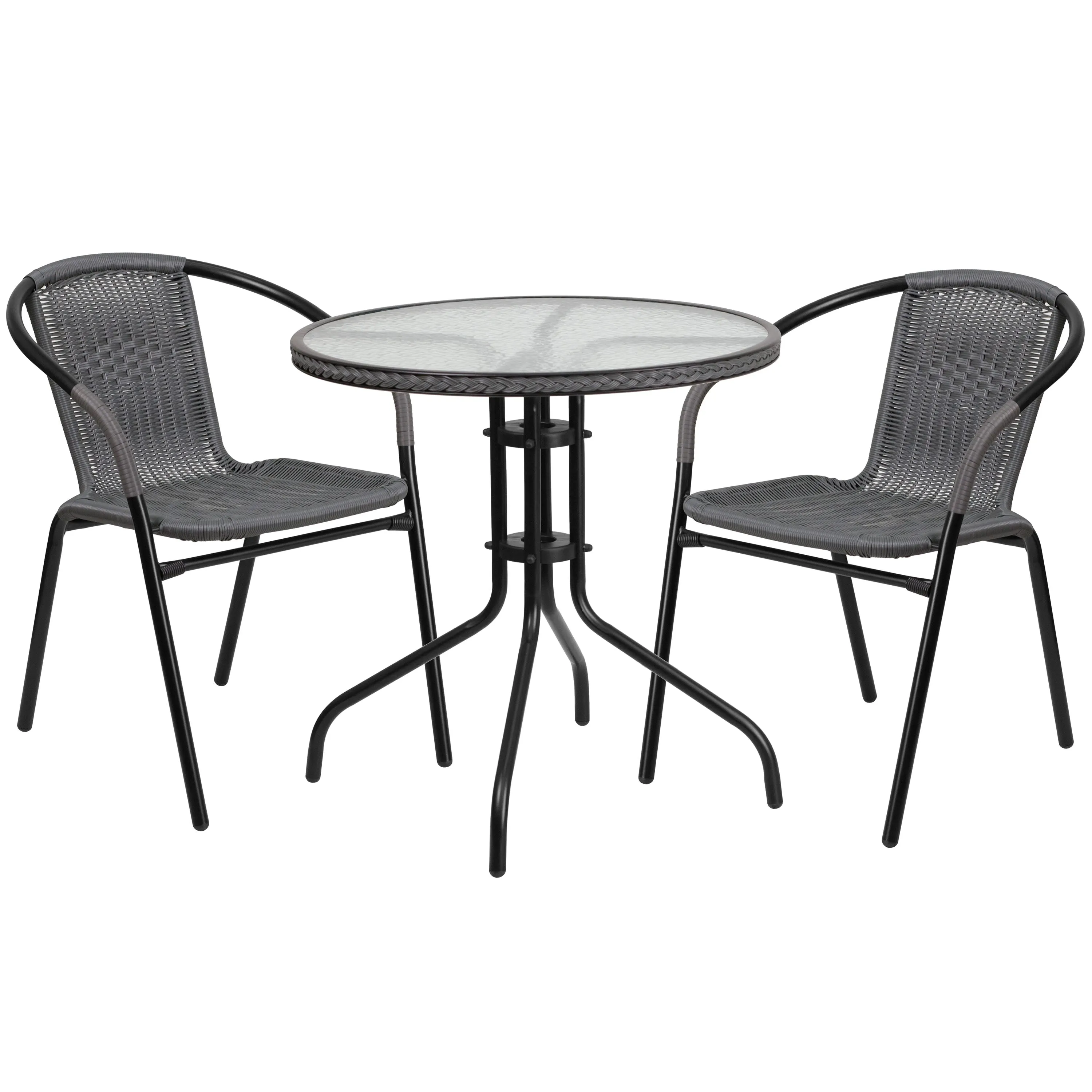 Barker 28'' Round Glass Metal Table with Rattan Edging and 2 Rattan Stack Chairs