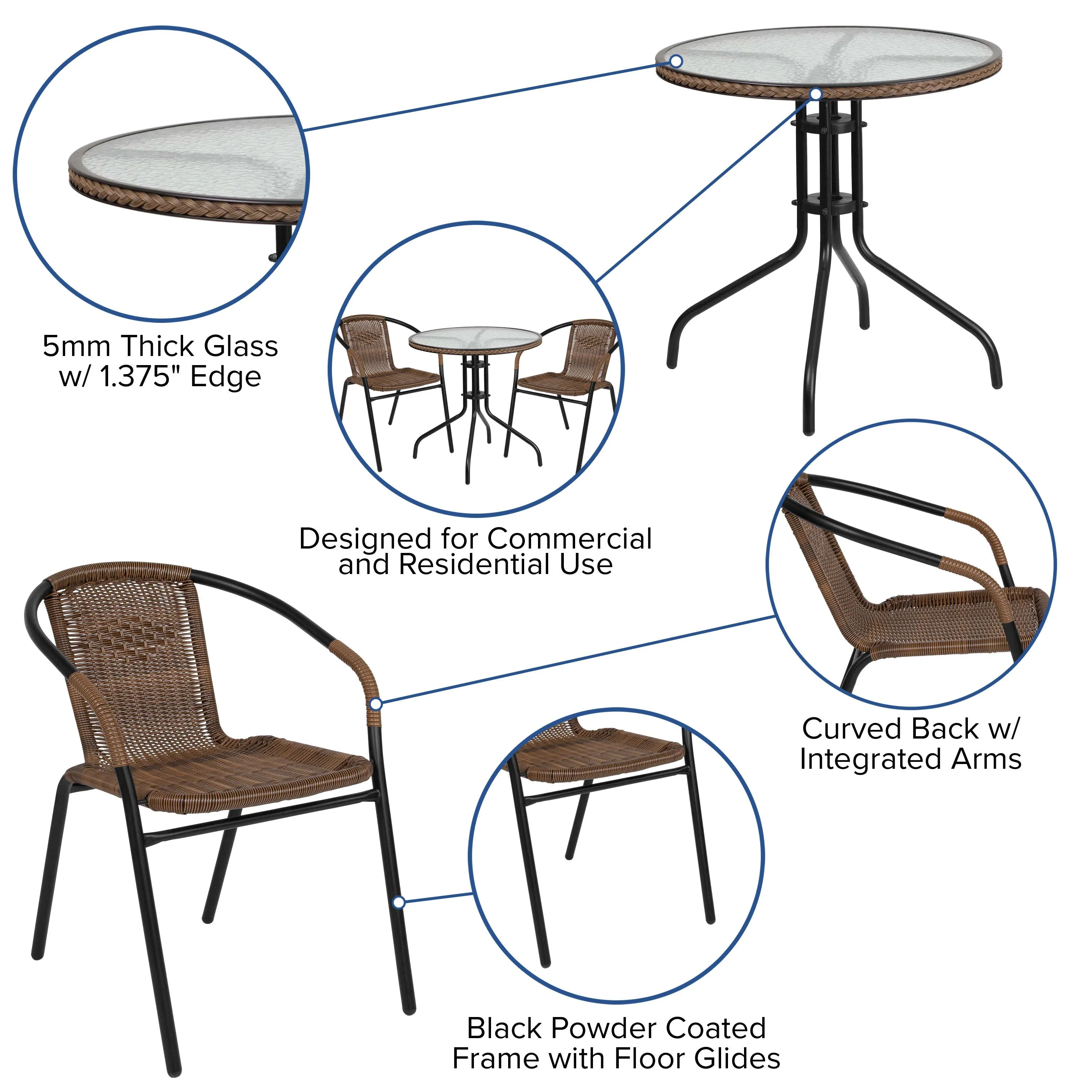 Barker 28'' Round Glass Metal Table with Rattan Edging and 2 Rattan Stack Chairs