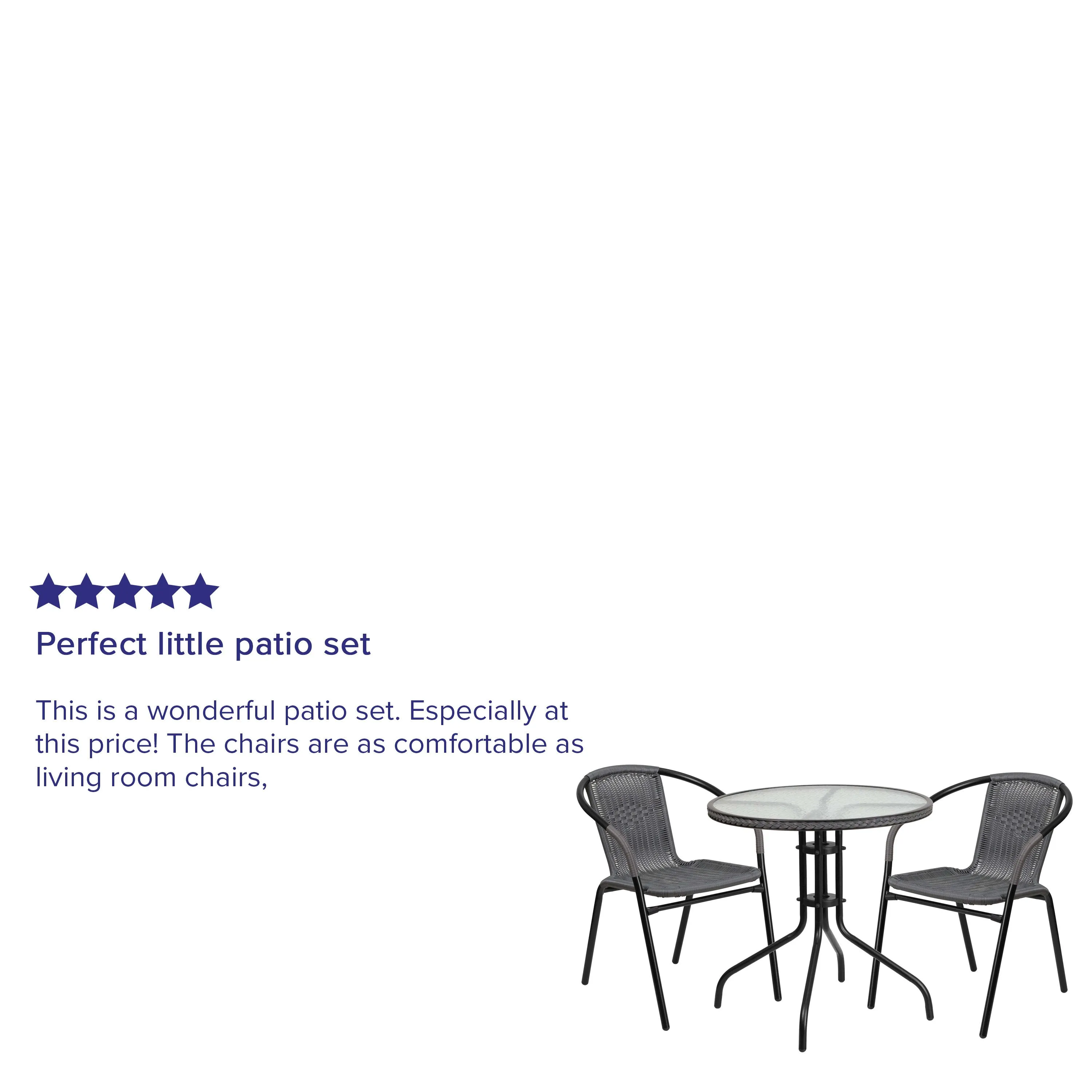 Barker 28'' Round Glass Metal Table with Rattan Edging and 2 Rattan Stack Chairs
