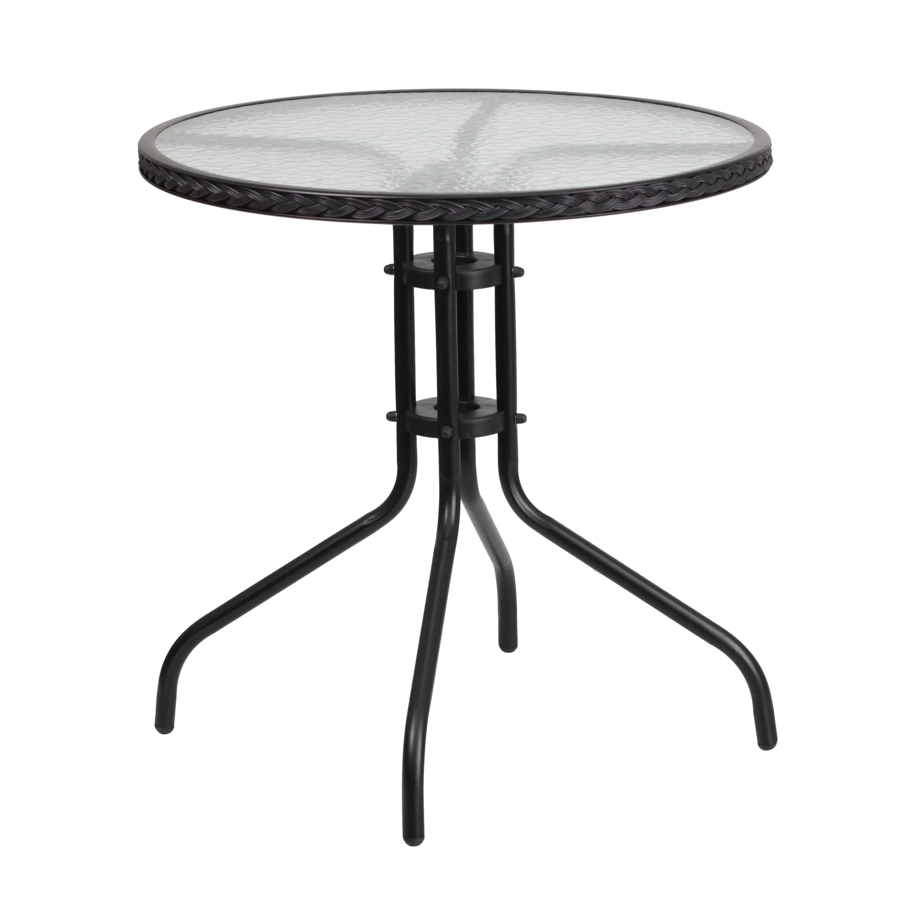 Barker 28'' Round Glass Metal Table with Rattan Edging and 2 Rattan Stack Chairs