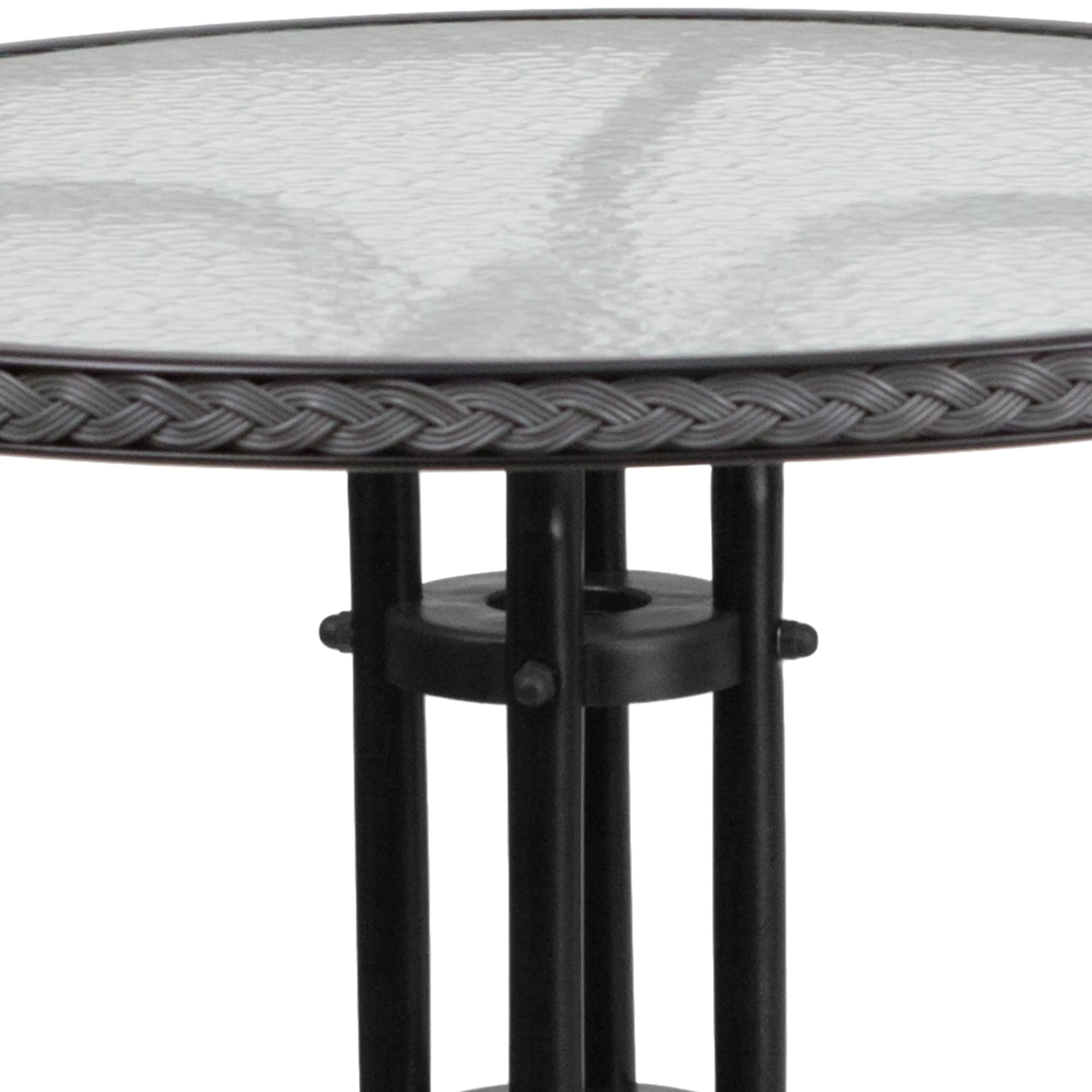 Barker 28'' Round Glass Metal Table with Rattan Edging and 2 Rattan Stack Chairs