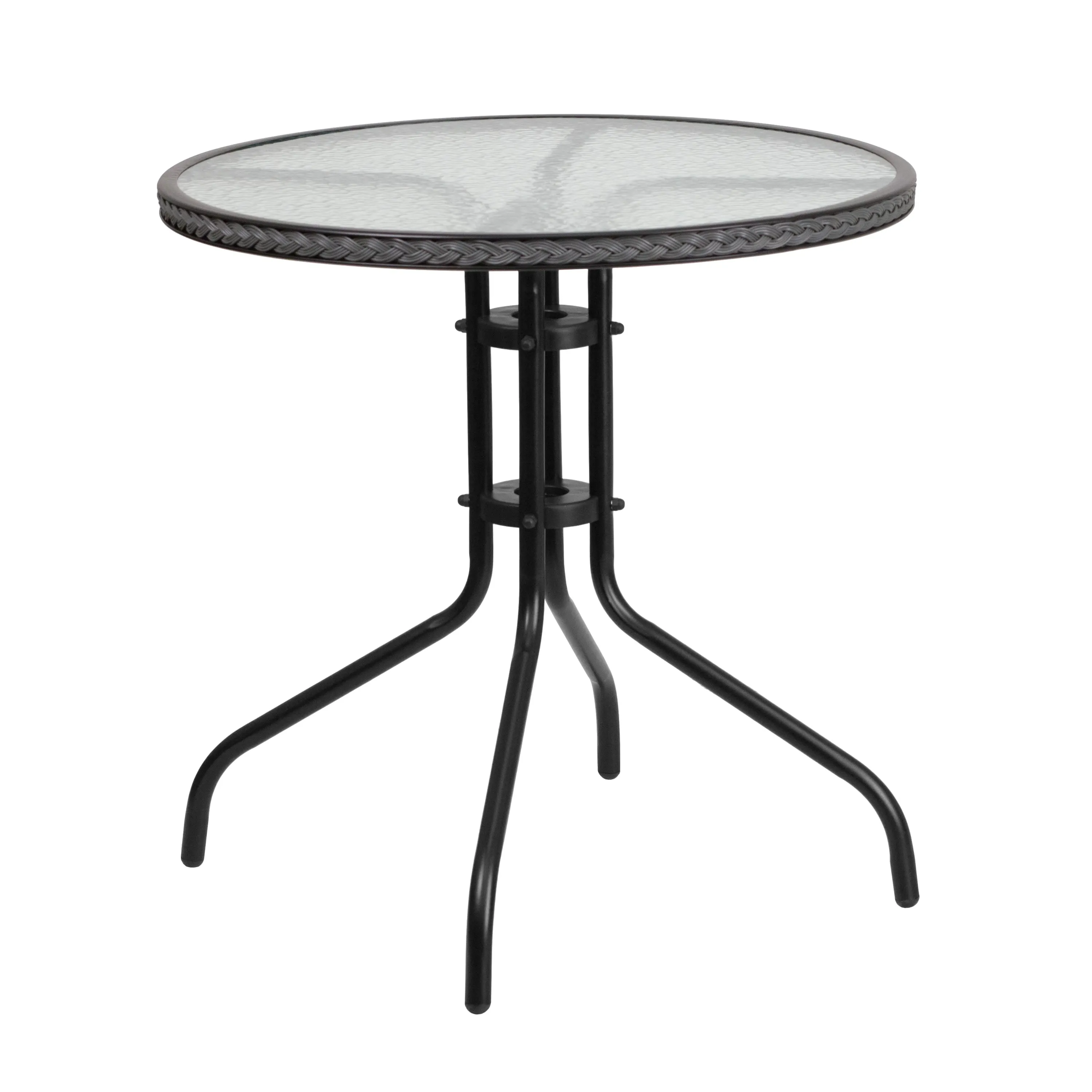 Barker 28'' Round Glass Metal Table with Rattan Edging and 2 Rattan Stack Chairs
