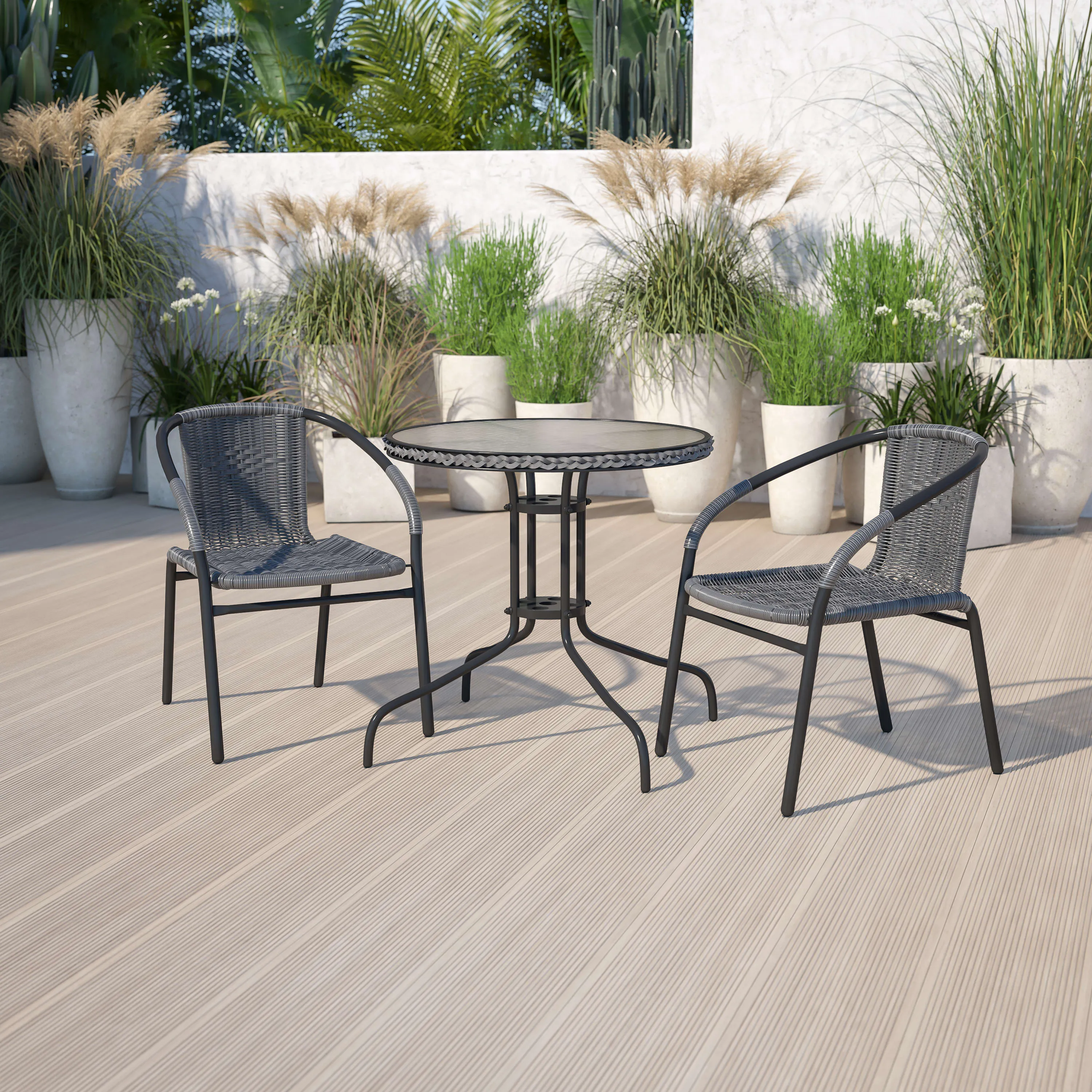 Barker 28'' Round Glass Metal Table with Rattan Edging and 2 Rattan Stack Chairs