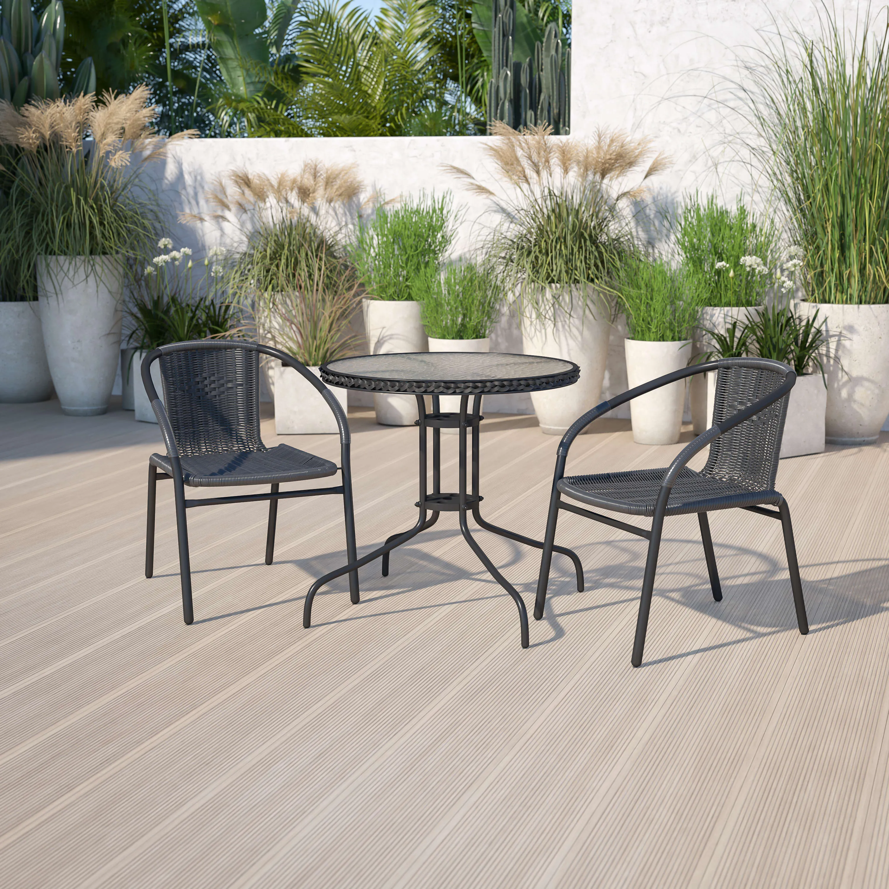 Barker 28'' Round Glass Metal Table with Rattan Edging and 2 Rattan Stack Chairs