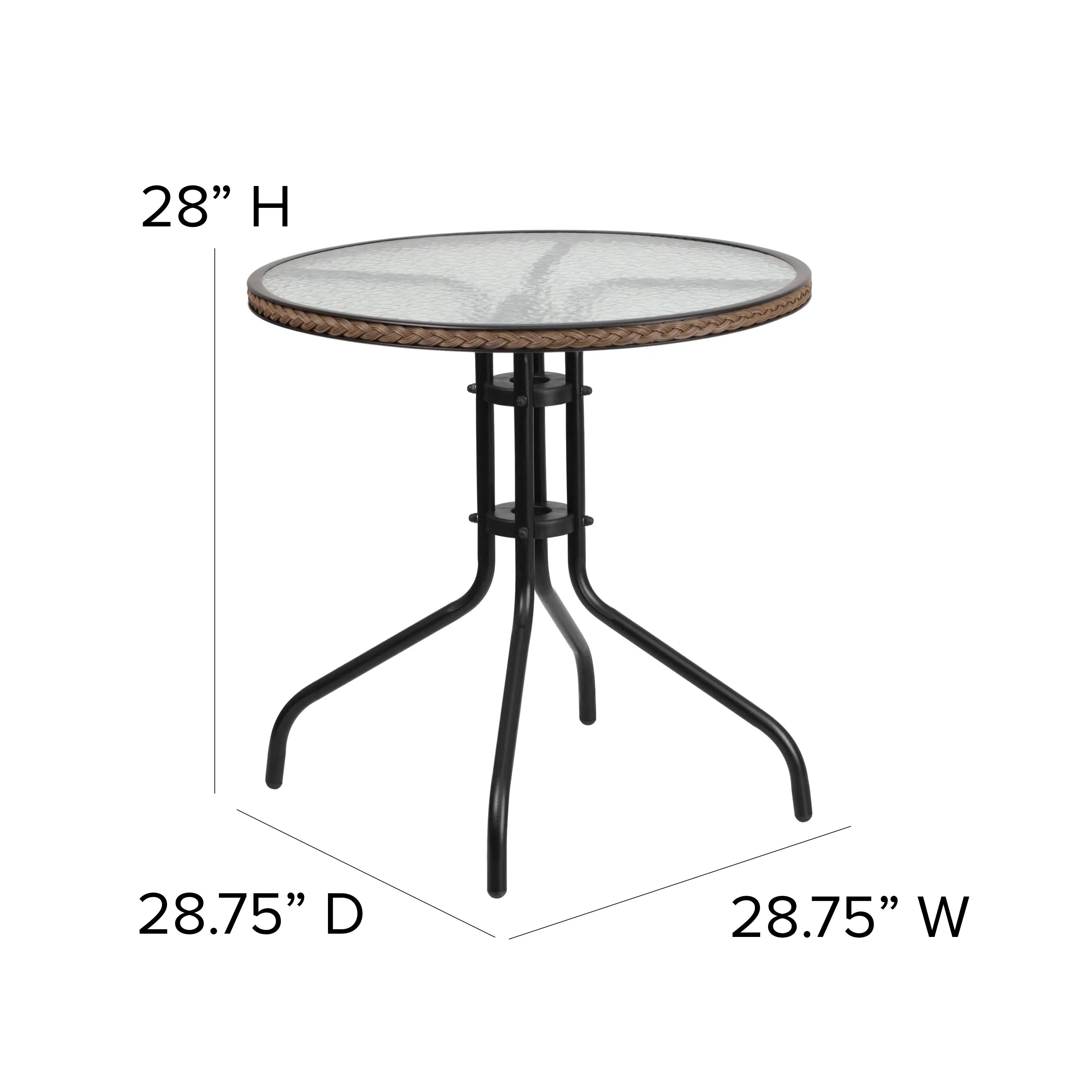Barker 28'' Round Glass Metal Table with Rattan Edging and 2 Rattan Stack Chairs