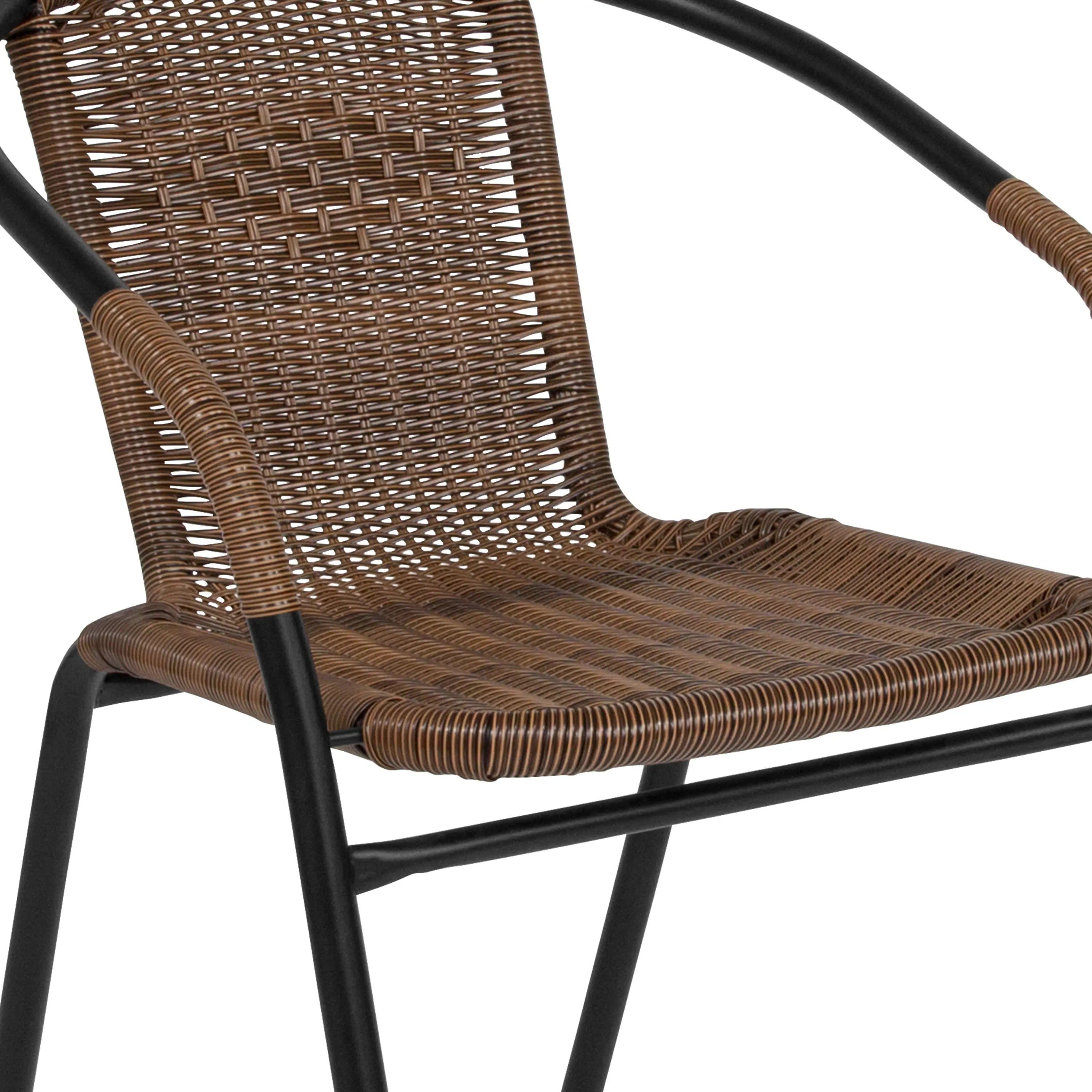 Barker 28'' Round Glass Metal Table with Rattan Edging and 2 Rattan Stack Chairs