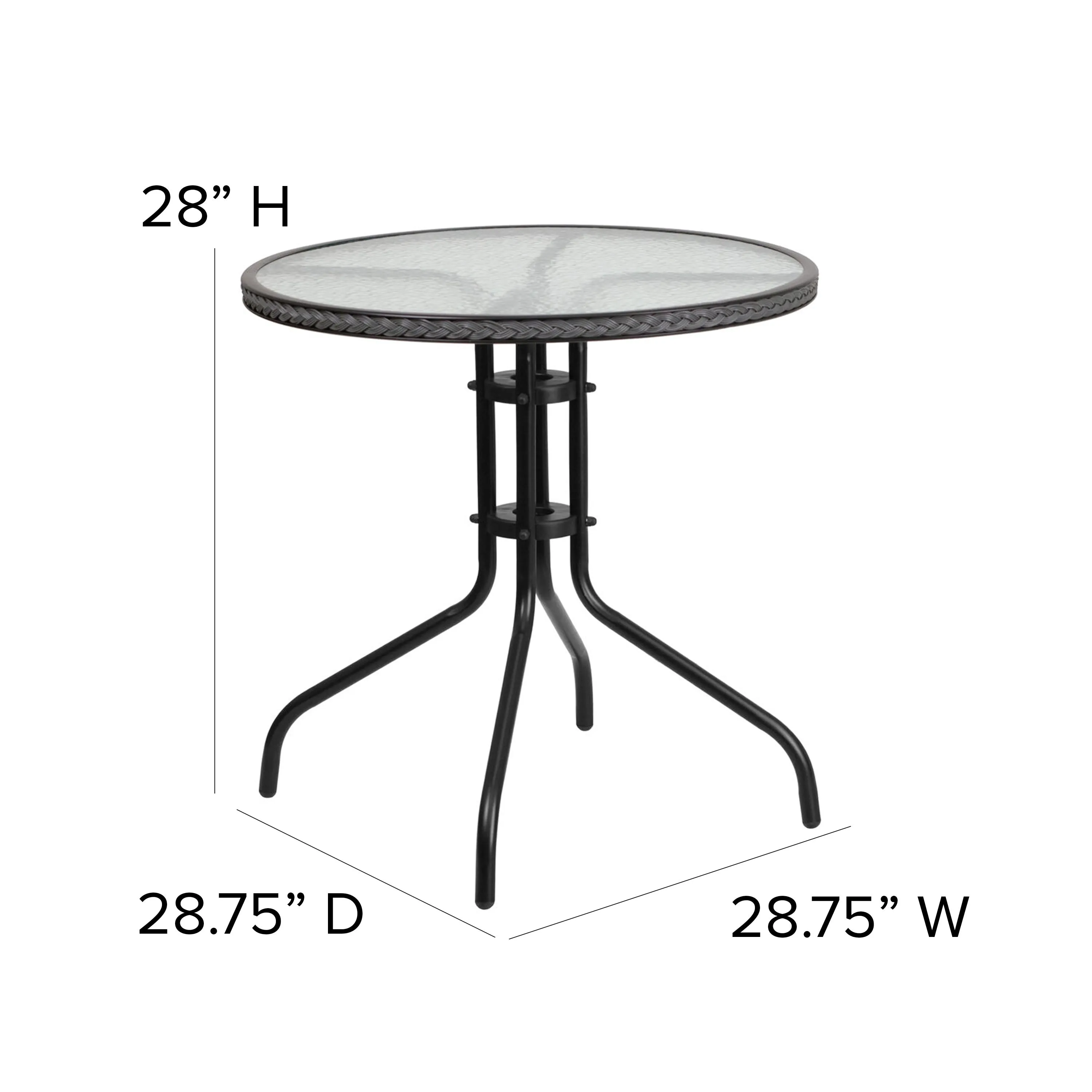 Barker 28'' Round Glass Metal Table with Rattan Edging and 2 Rattan Stack Chairs