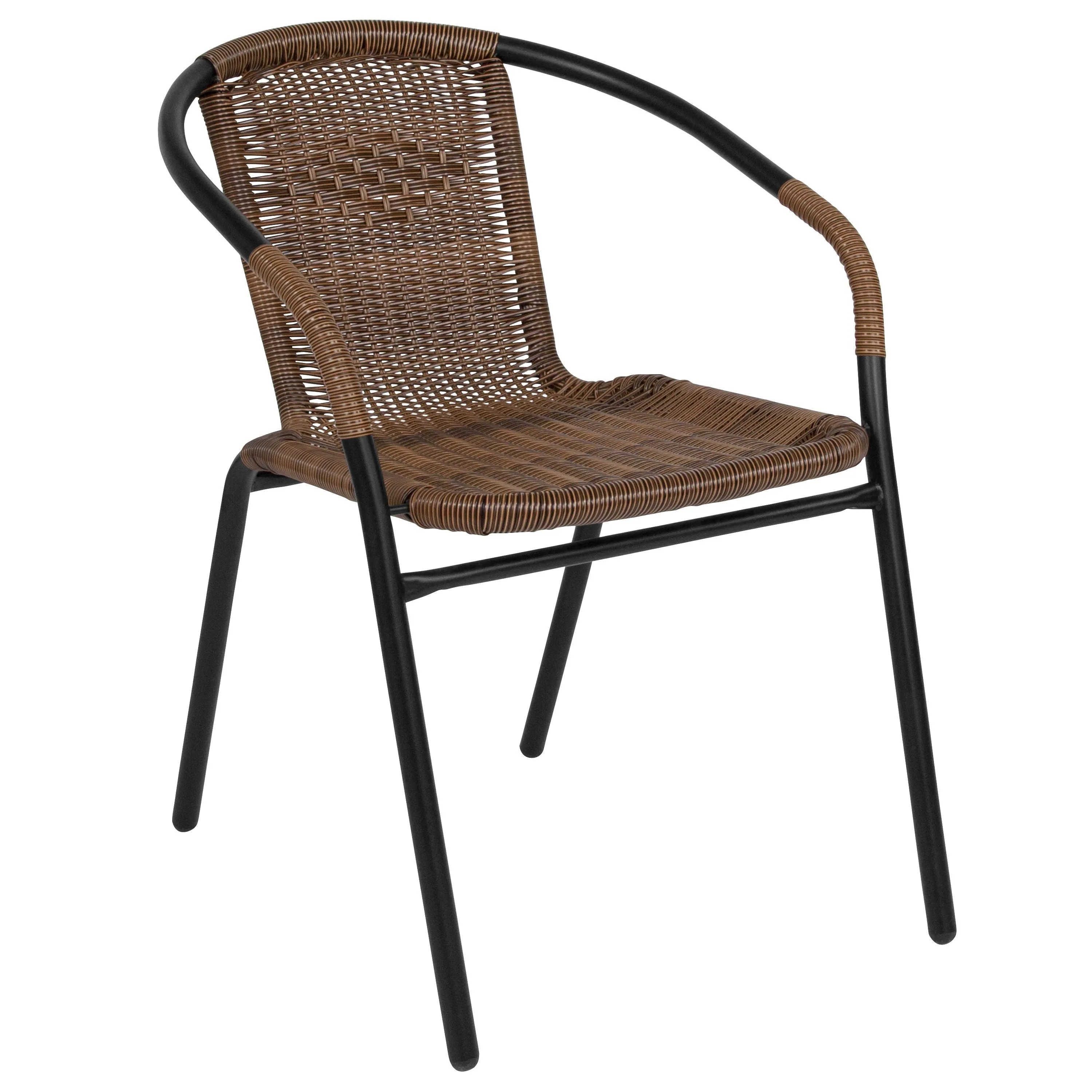 Barker 28'' Round Glass Metal Table with Rattan Edging and 2 Rattan Stack Chairs