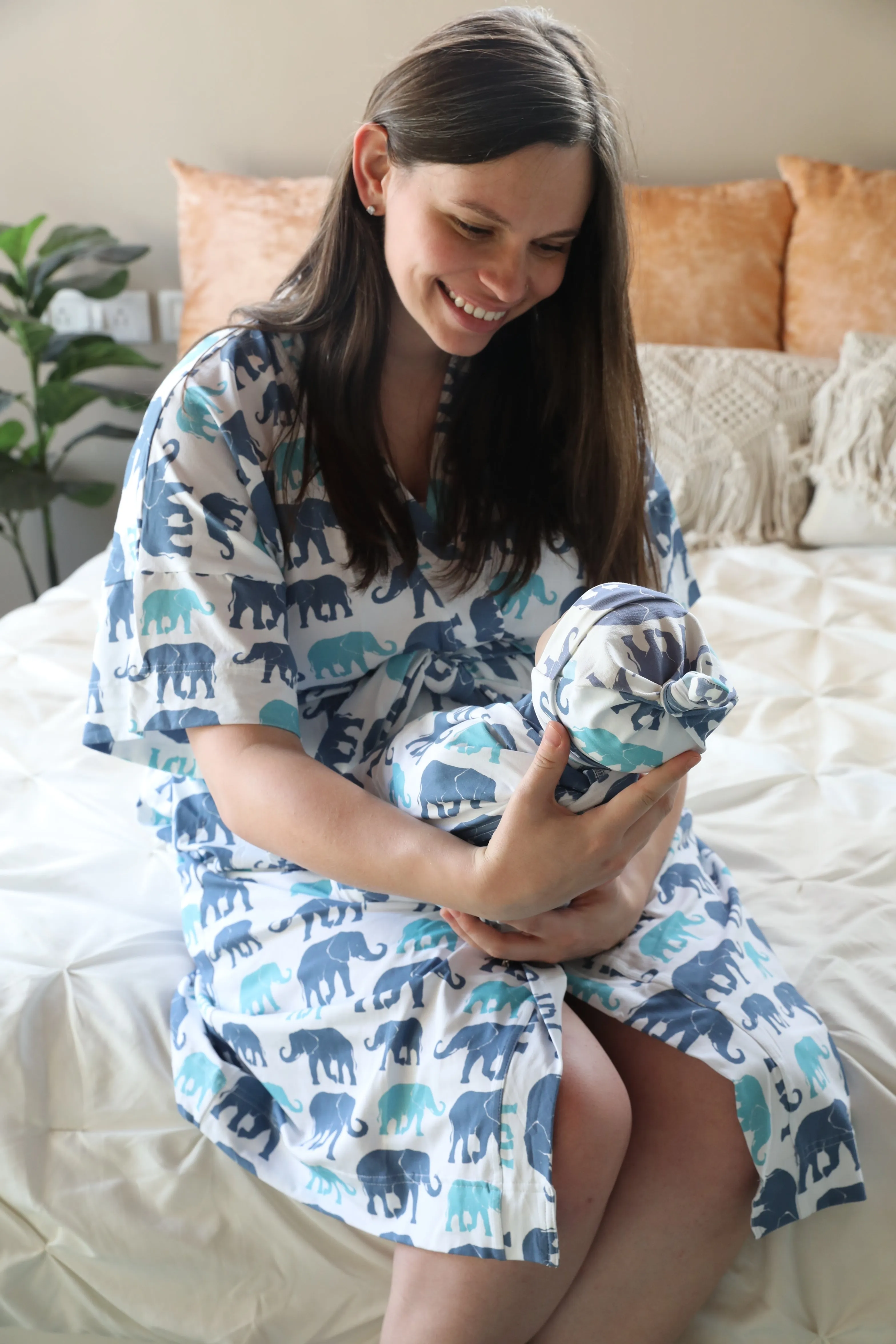 Blue Elephant Robe swaddle personalized hat with matching dad shirt
