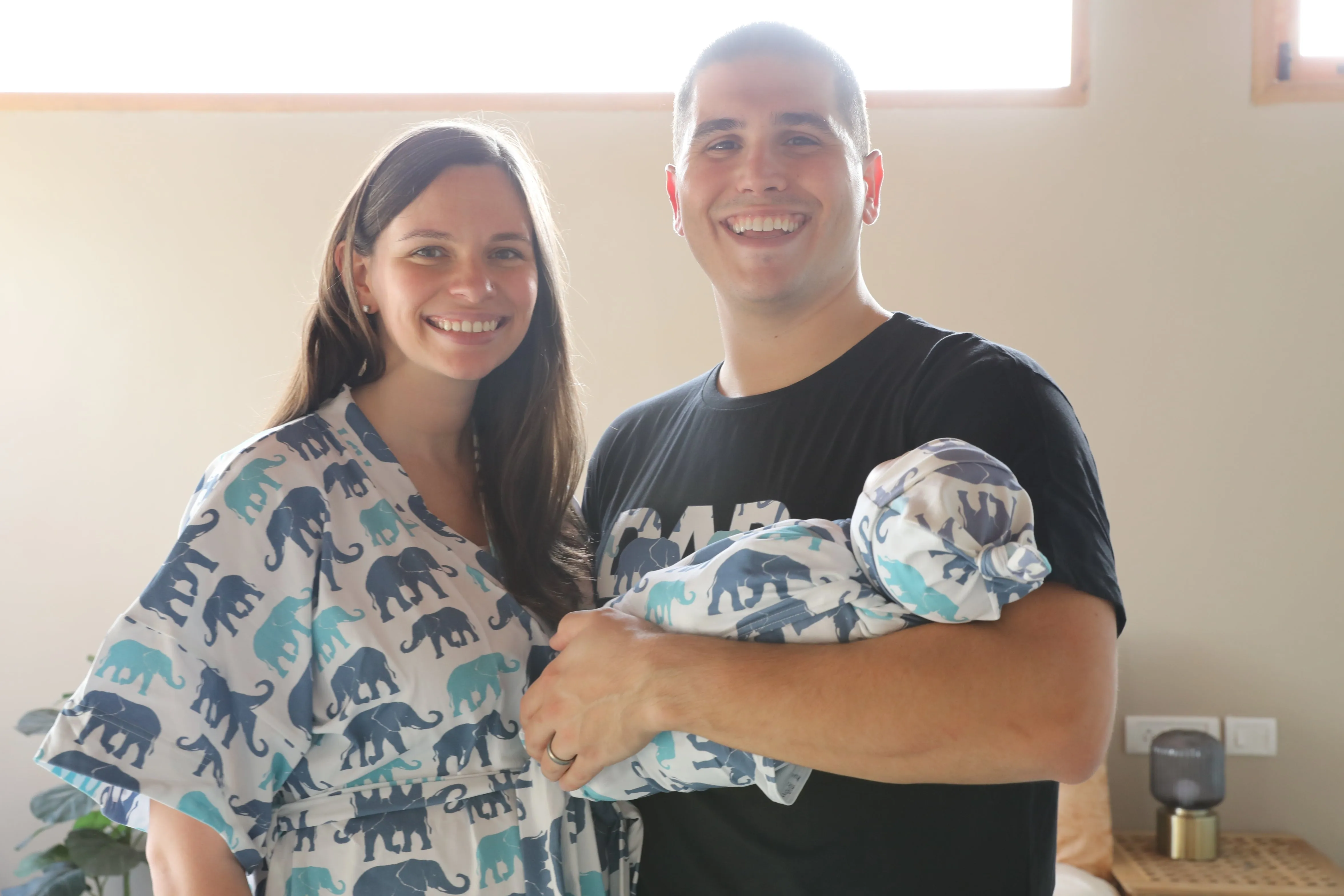 Blue Elephant Robe swaddle personalized hat with matching dad shirt