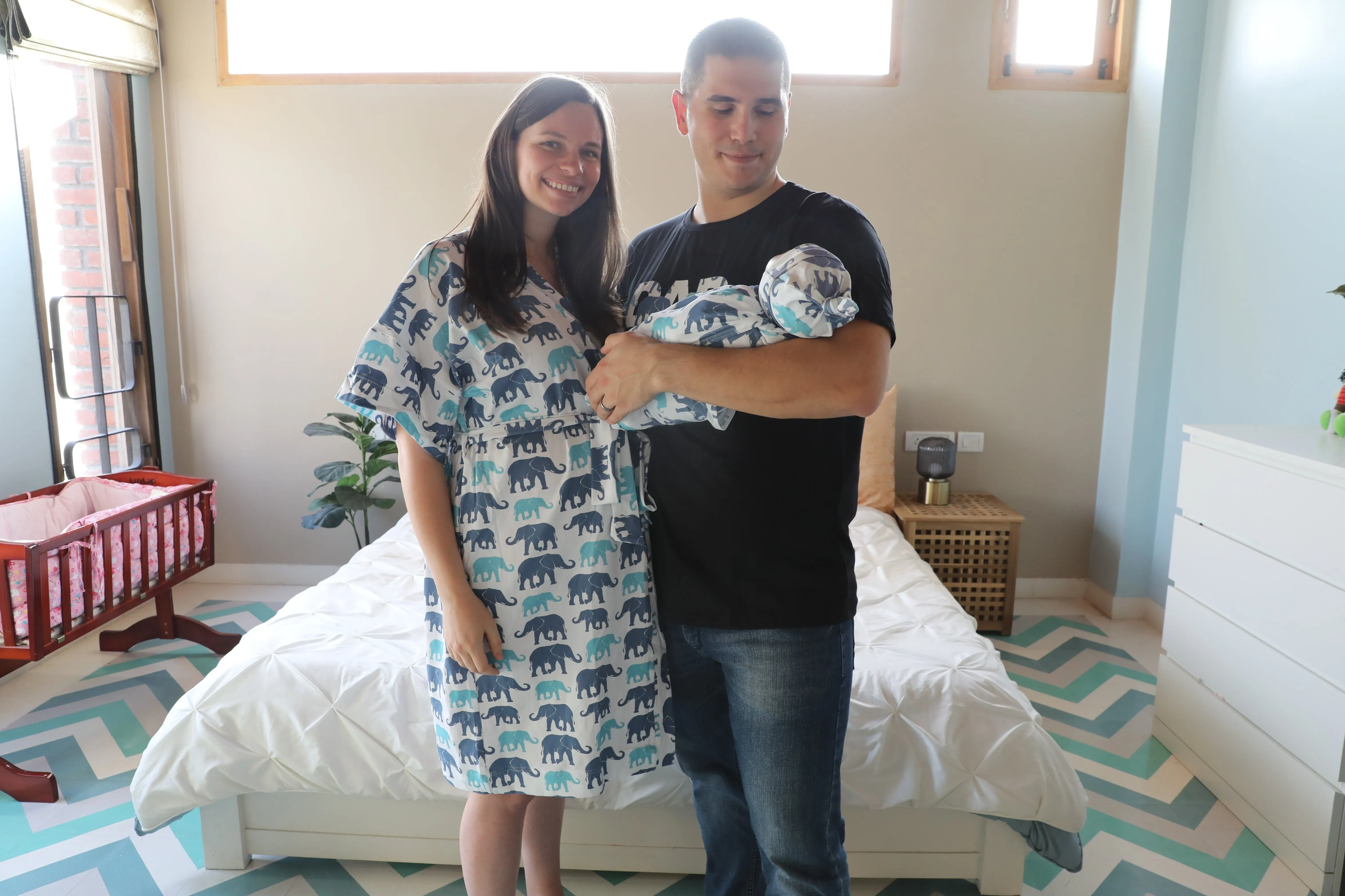 Blue Elephant Robe swaddle personalized hat with matching dad shirt