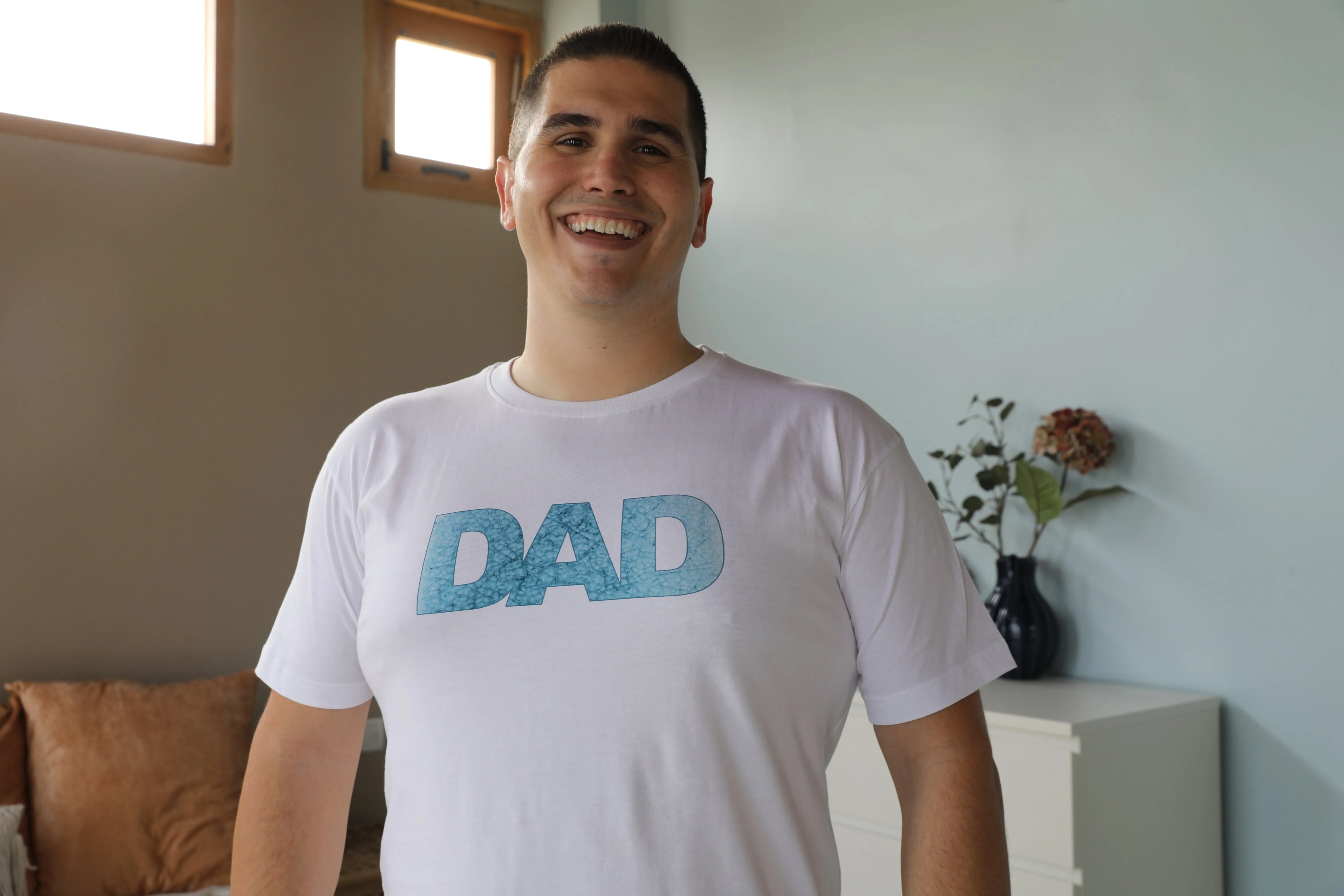 Blue Mozaic Robe swaddle personalized hat with matching dad shirt