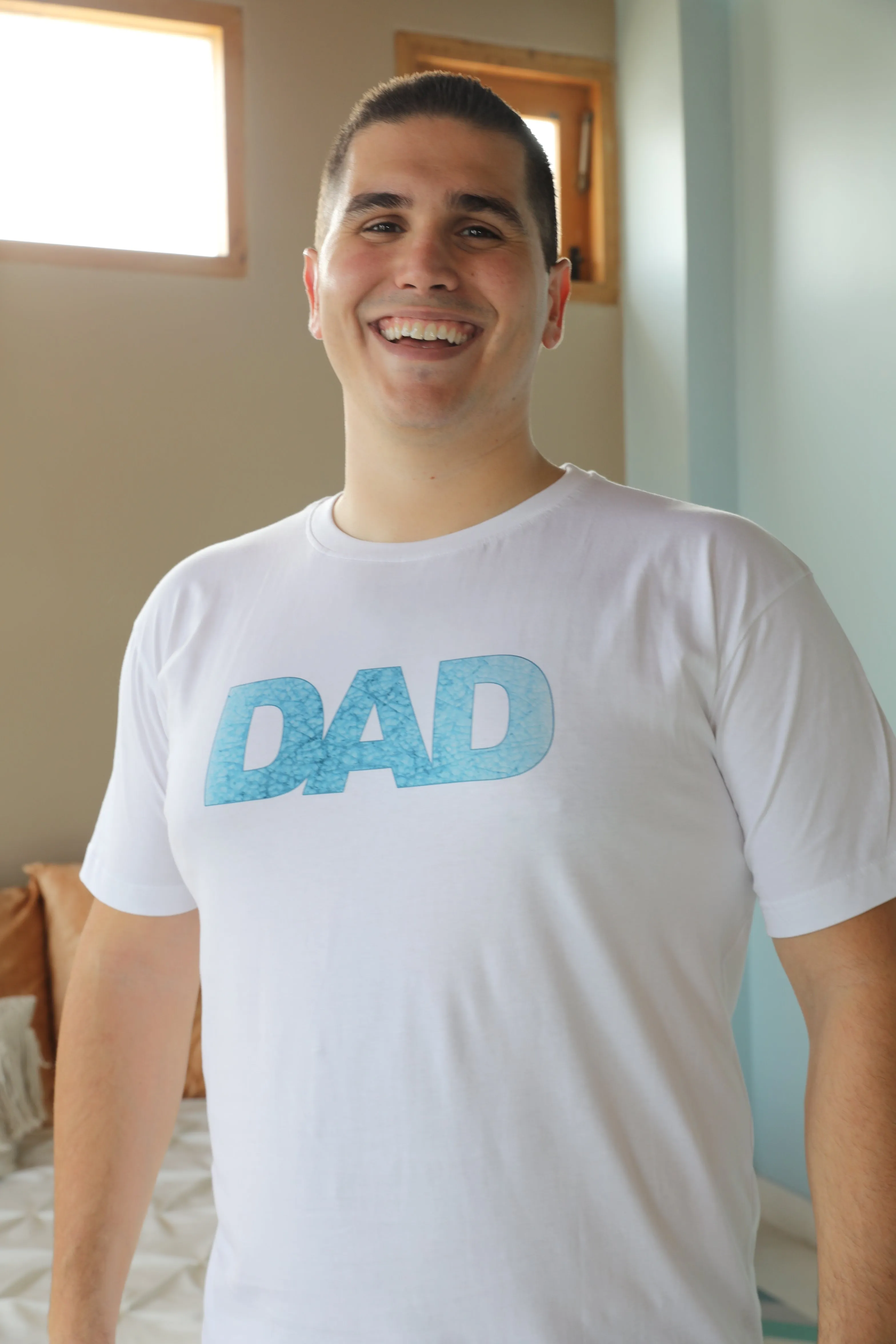 Blue Mozaic Robe swaddle personalized hat with matching dad shirt