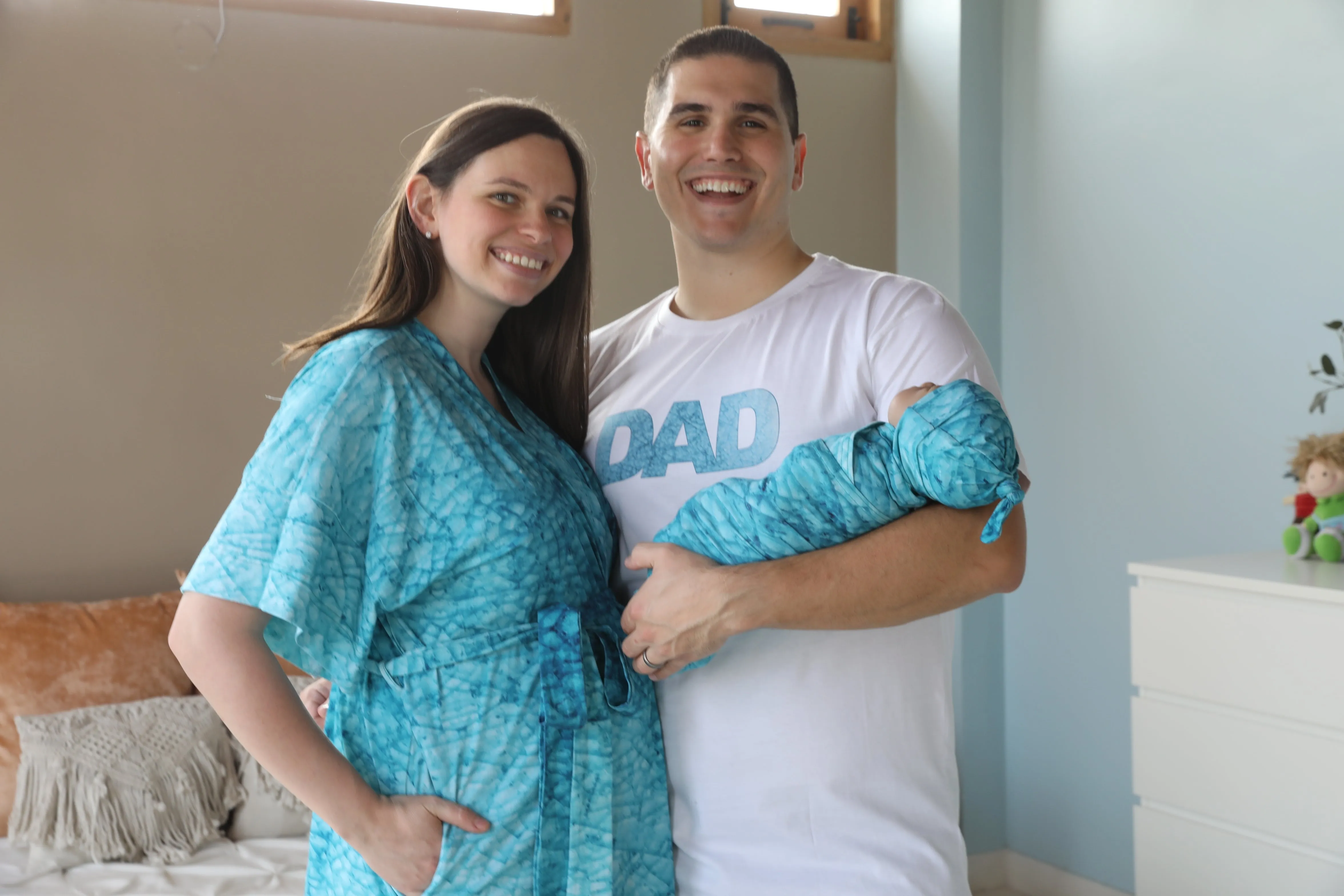 Blue Mozaic Robe swaddle personalized hat with matching dad shirt