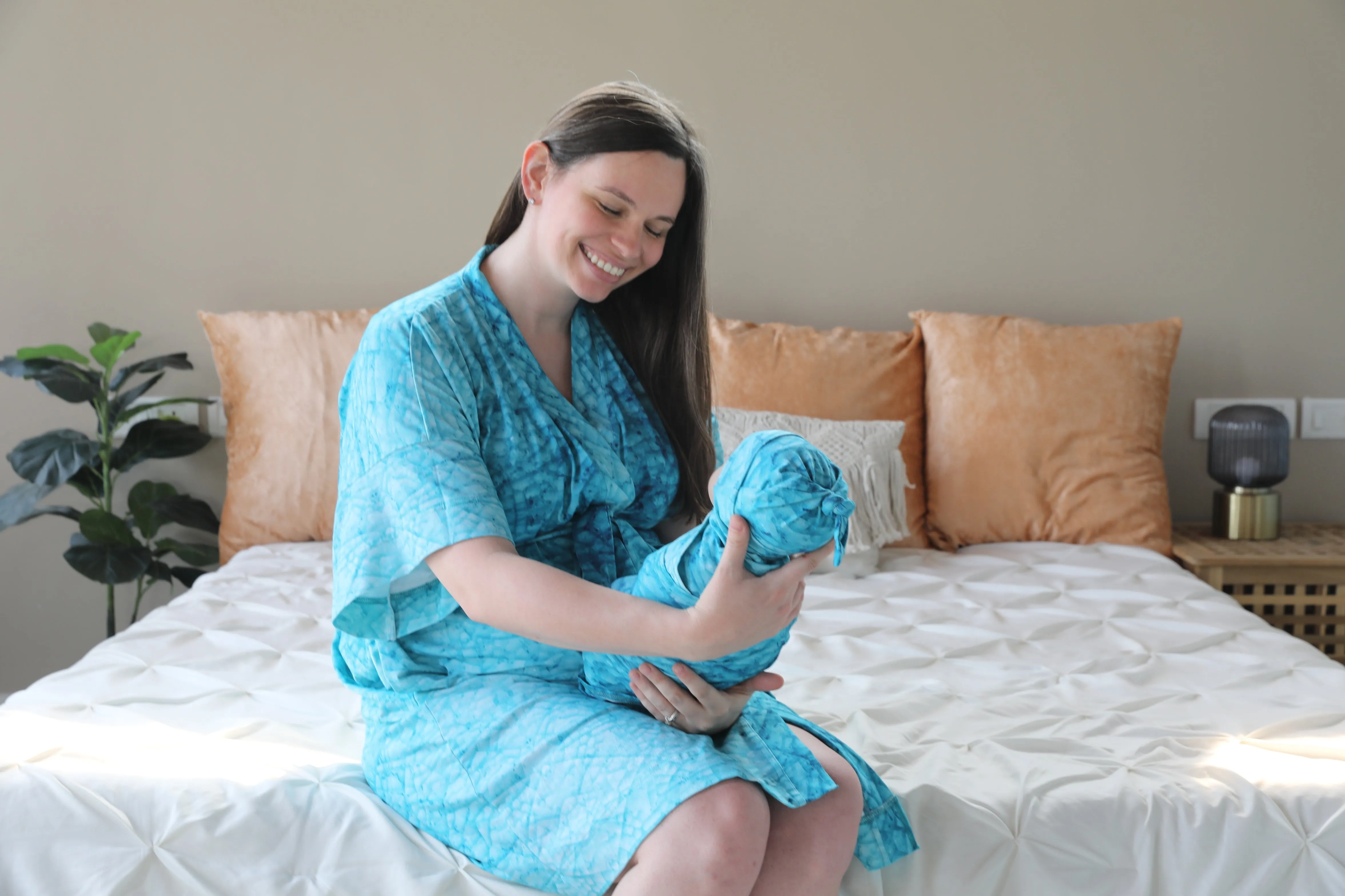 Blue Mozaic Robe swaddle personalized hat with matching dad shirt