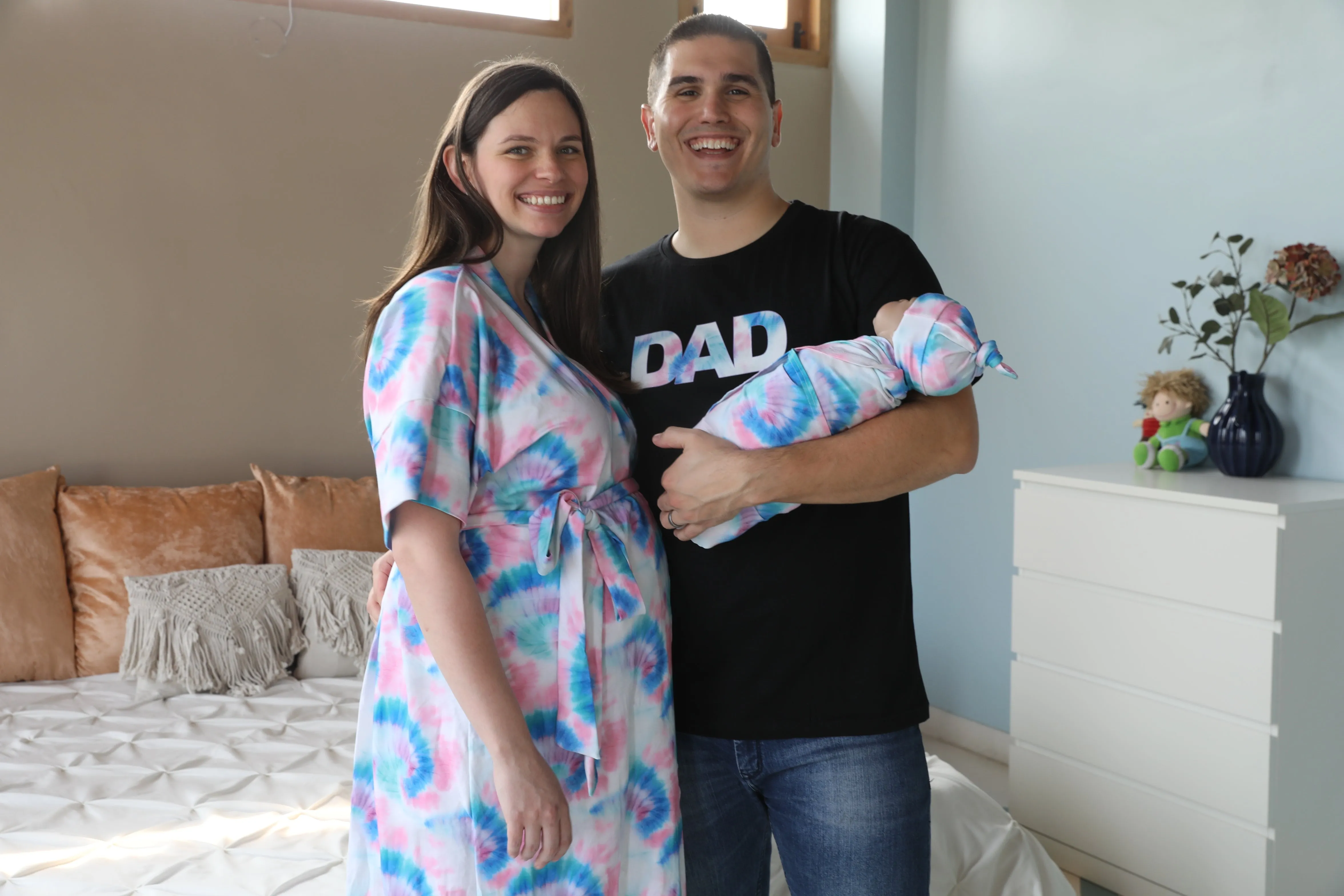 Blue Pink TieDye Robe swaddle personalized hat with matching dad shirt