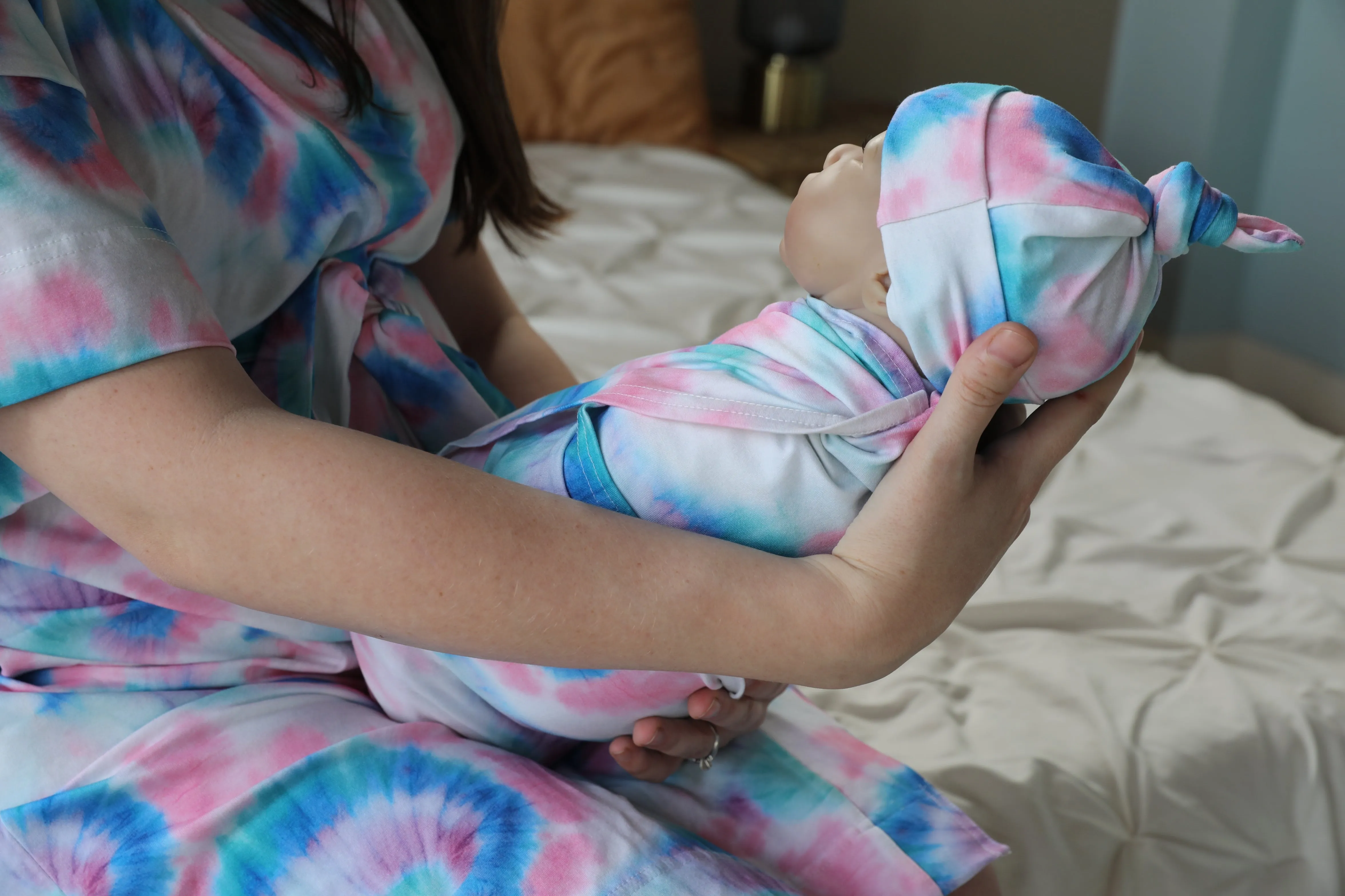 Blue Pink TieDye Robe swaddle personalized hat with matching dad shirt