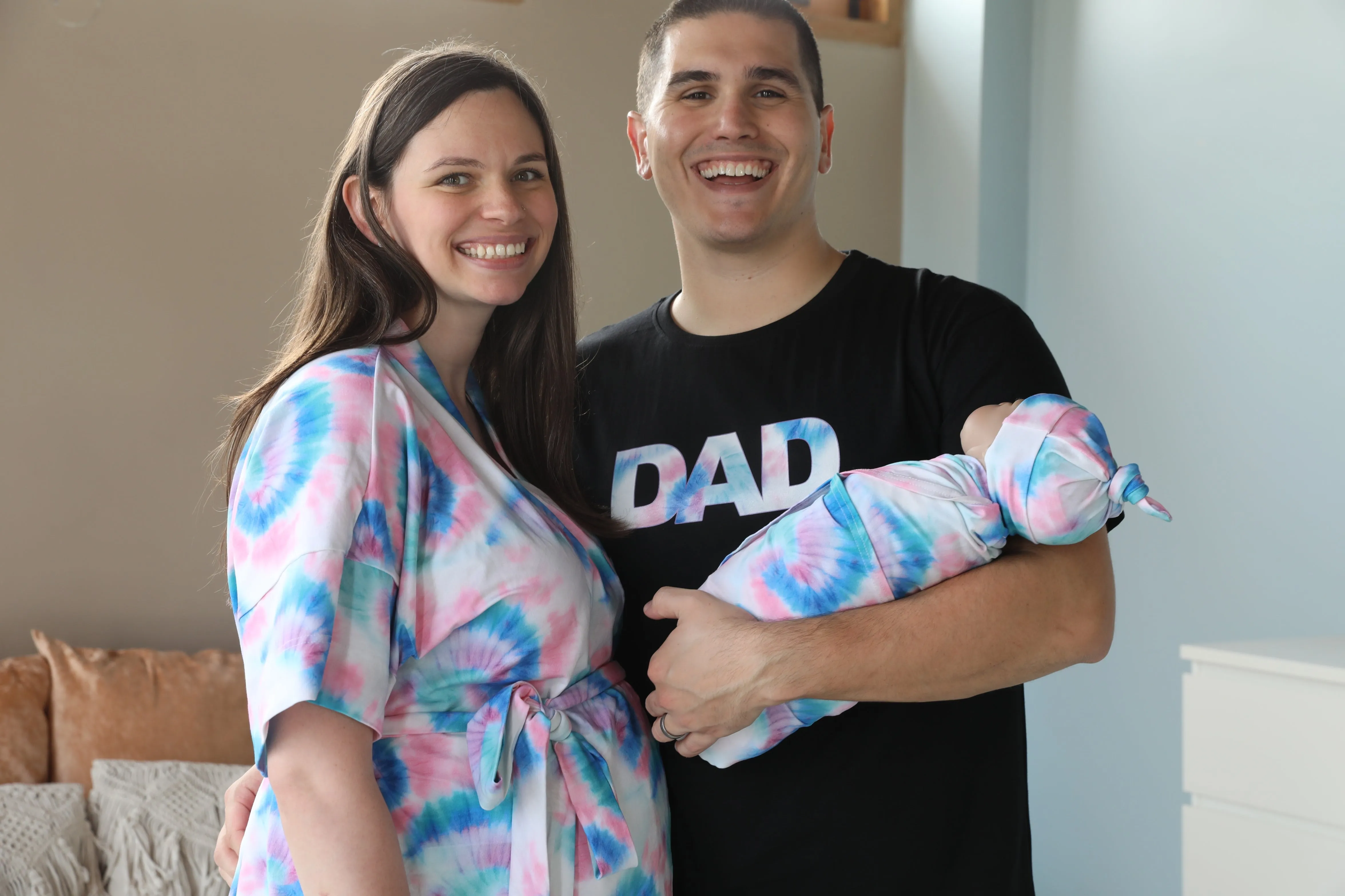 Blue Pink TieDye Robe swaddle personalized hat with matching dad shirt