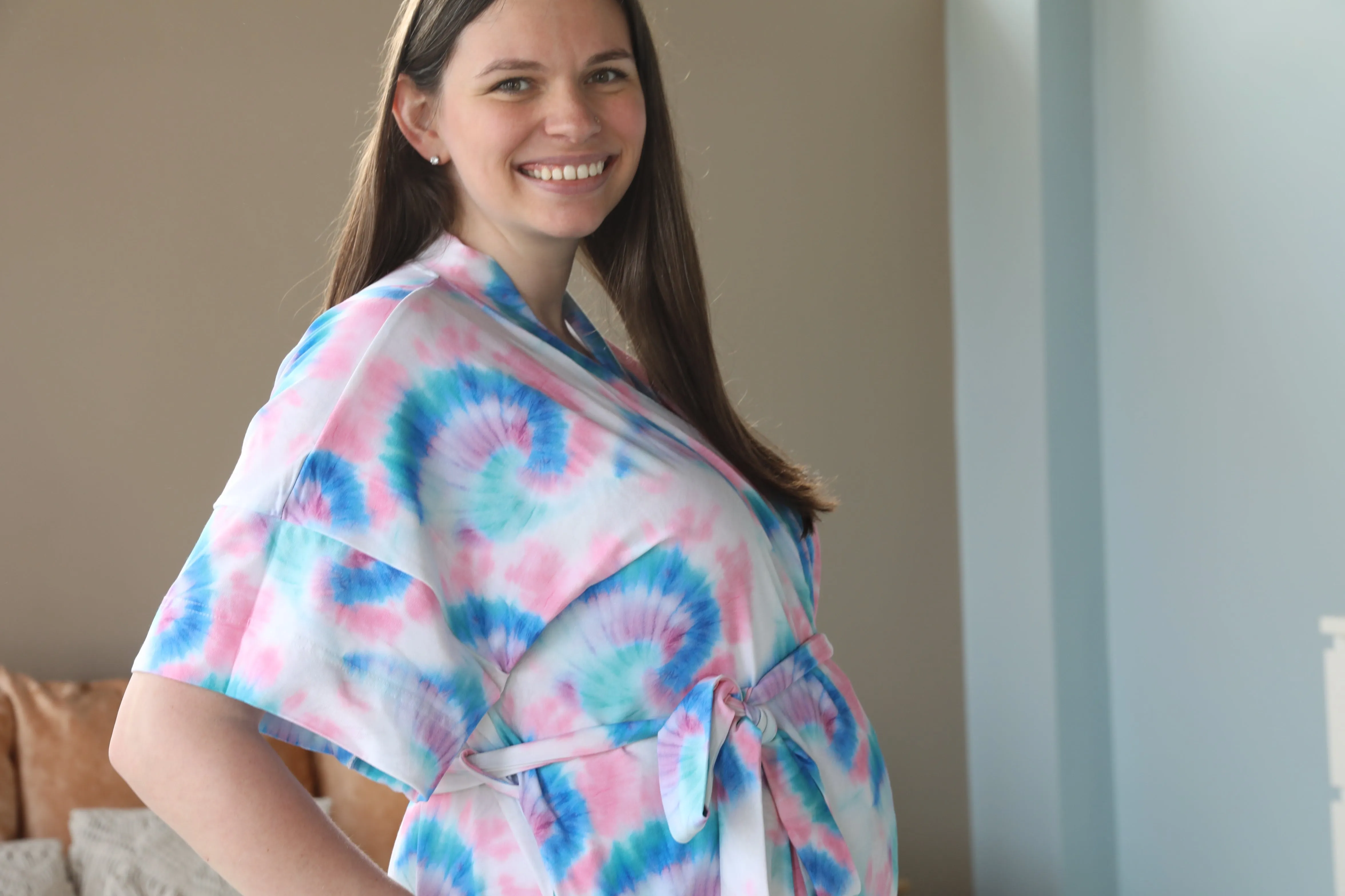 Blue Pink TieDye Robe swaddle personalized hat with matching dad shirt