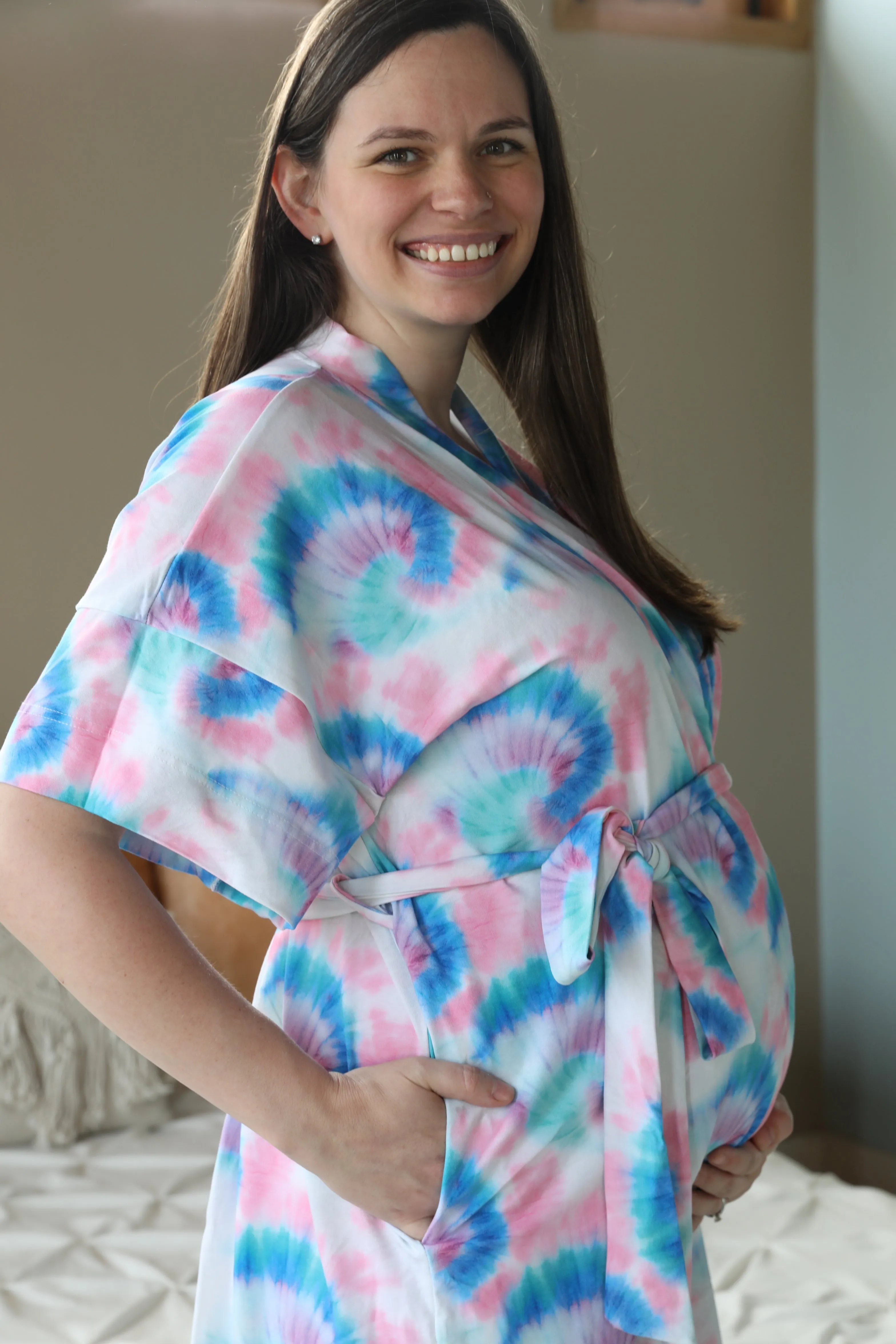 Blue Pink TieDye Robe swaddle personalized hat with matching dad shirt