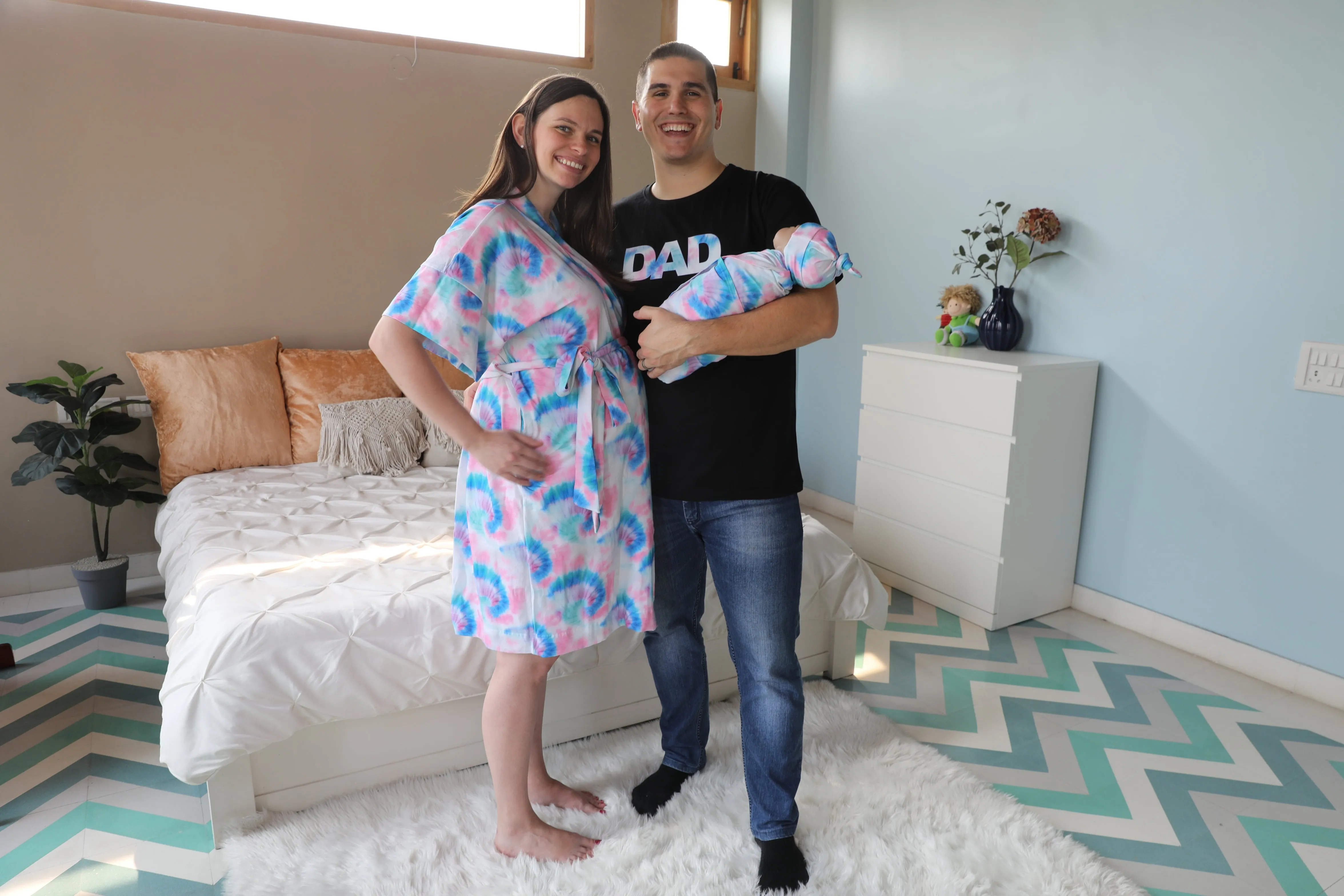 Blue Pink TieDye Robe swaddle personalized hat with matching dad shirt