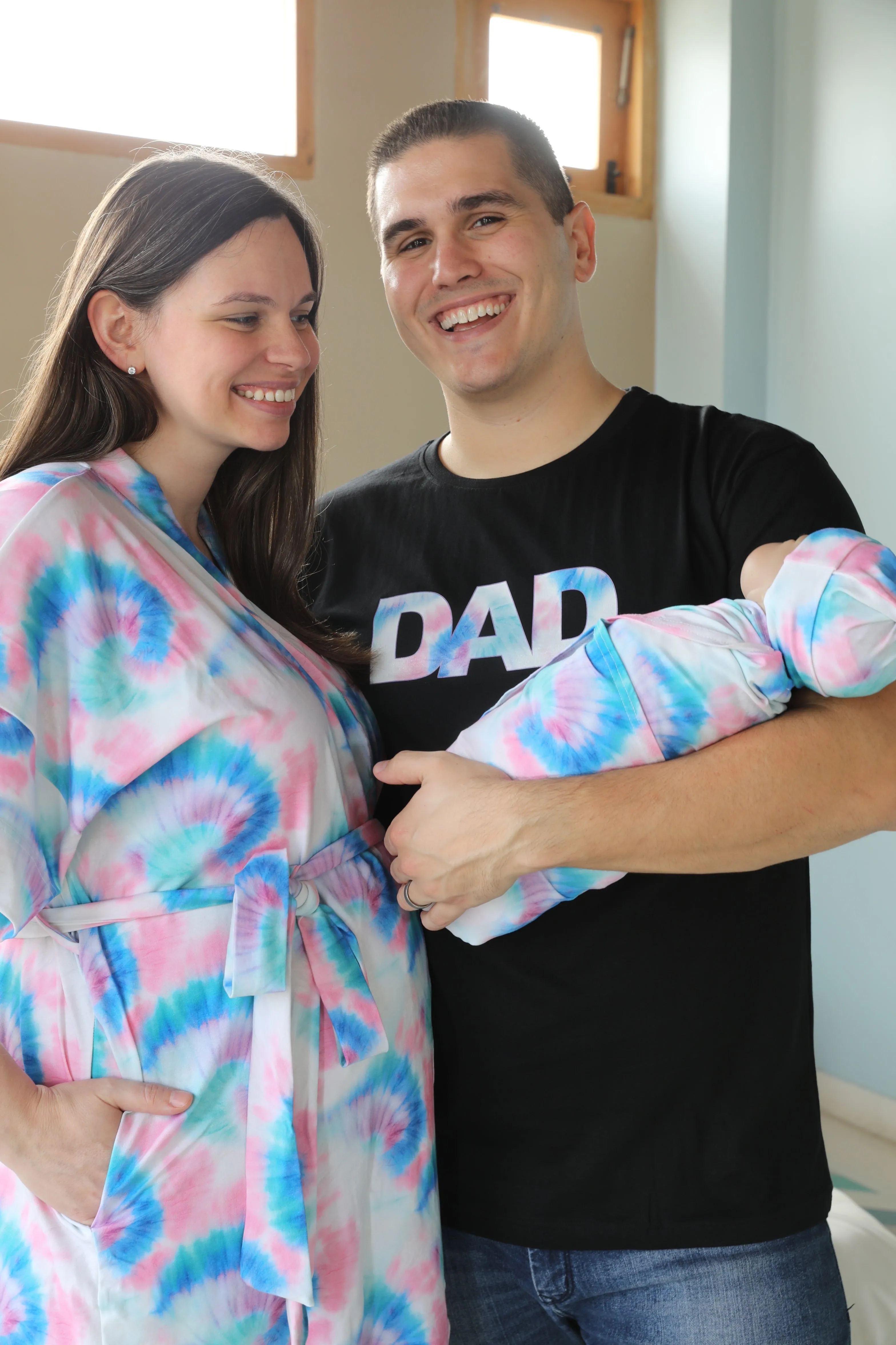 Blue Pink TieDye Robe swaddle personalized hat with matching dad shirt