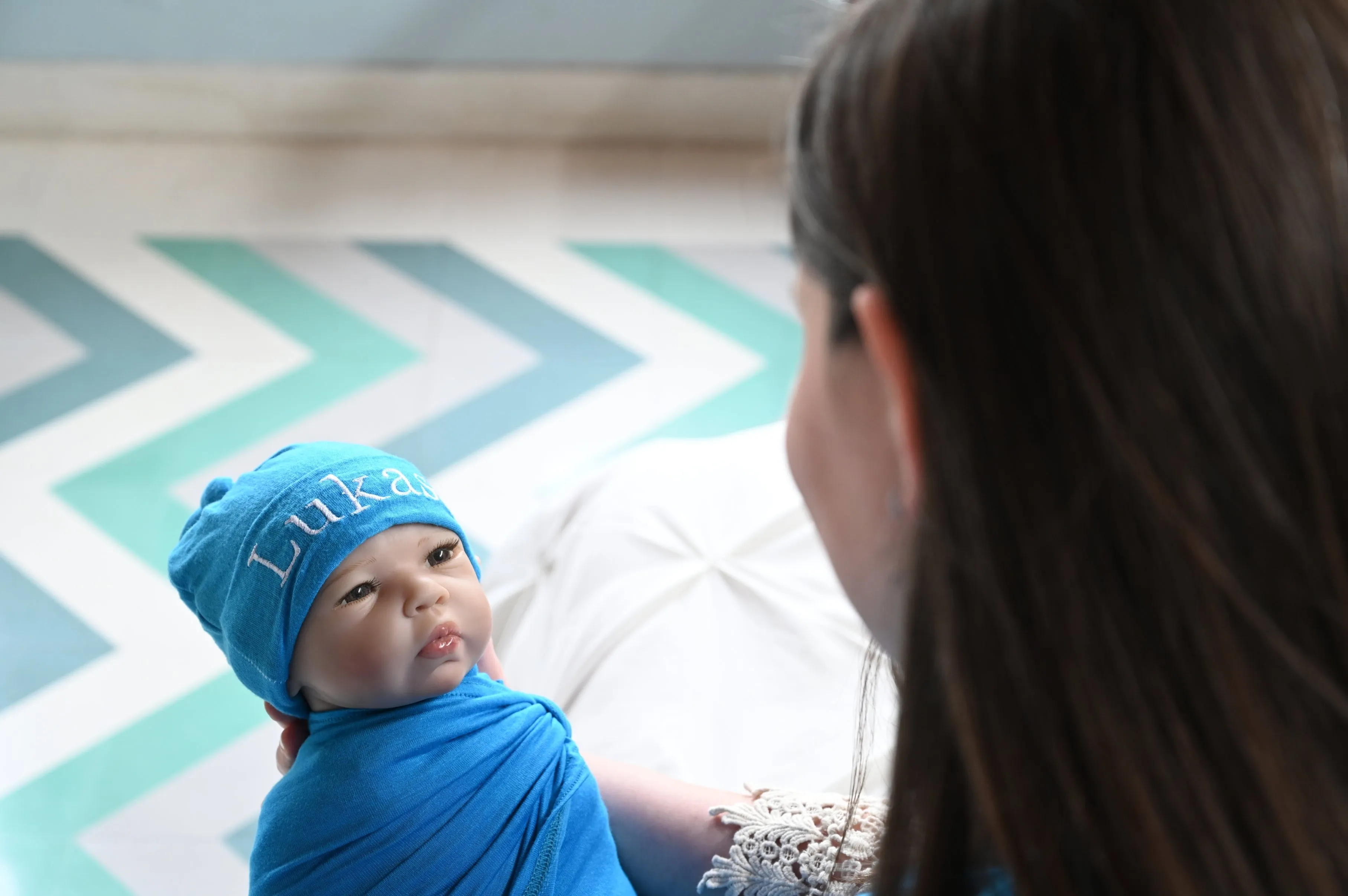 Blue Robe swaddle personalized hat with matching dad shirt