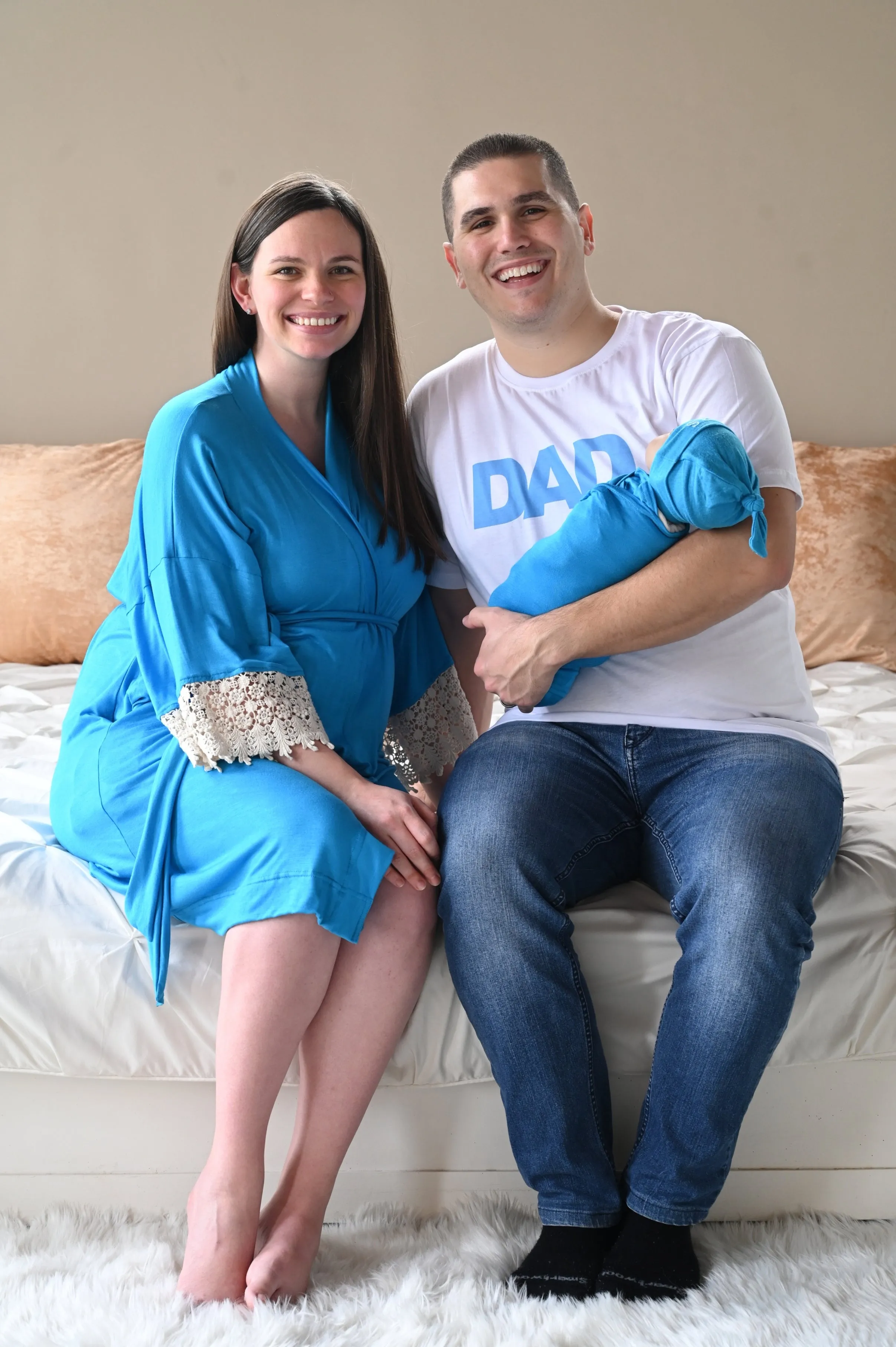 Blue Robe swaddle personalized hat with matching dad shirt