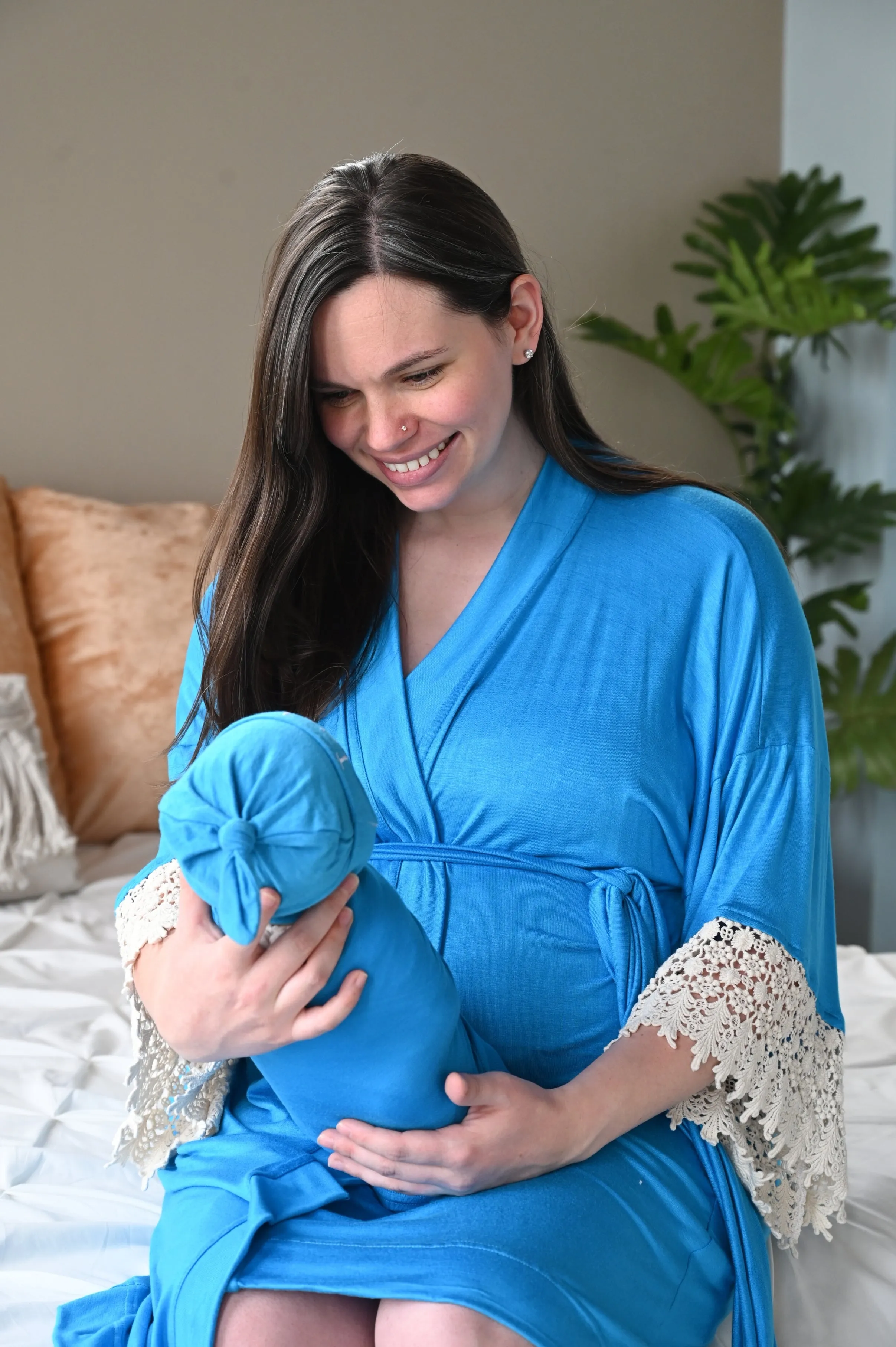 Blue Robe swaddle personalized hat with matching dad shirt