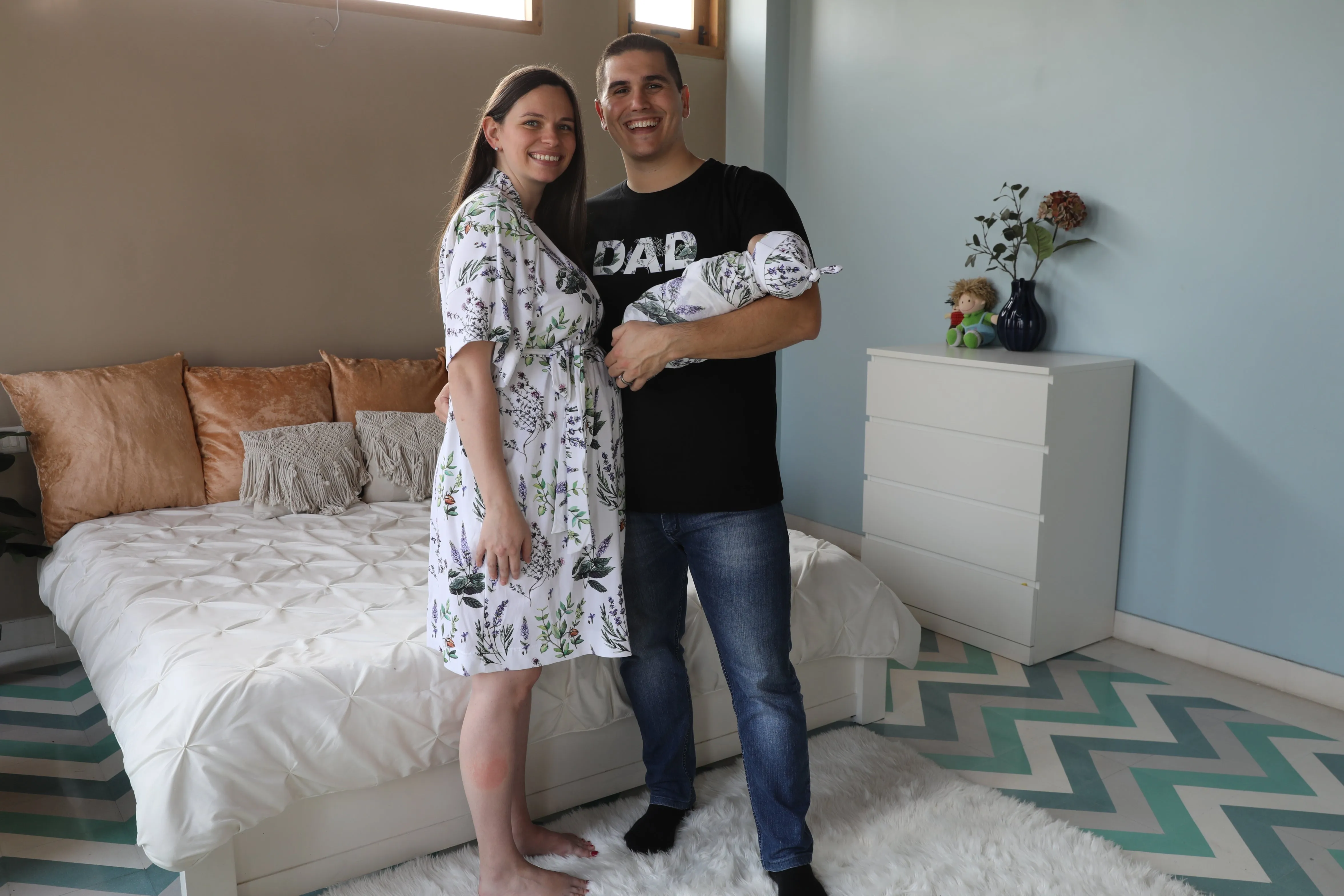 Botanical Robe swaddle personalized hat with matching dad shirt