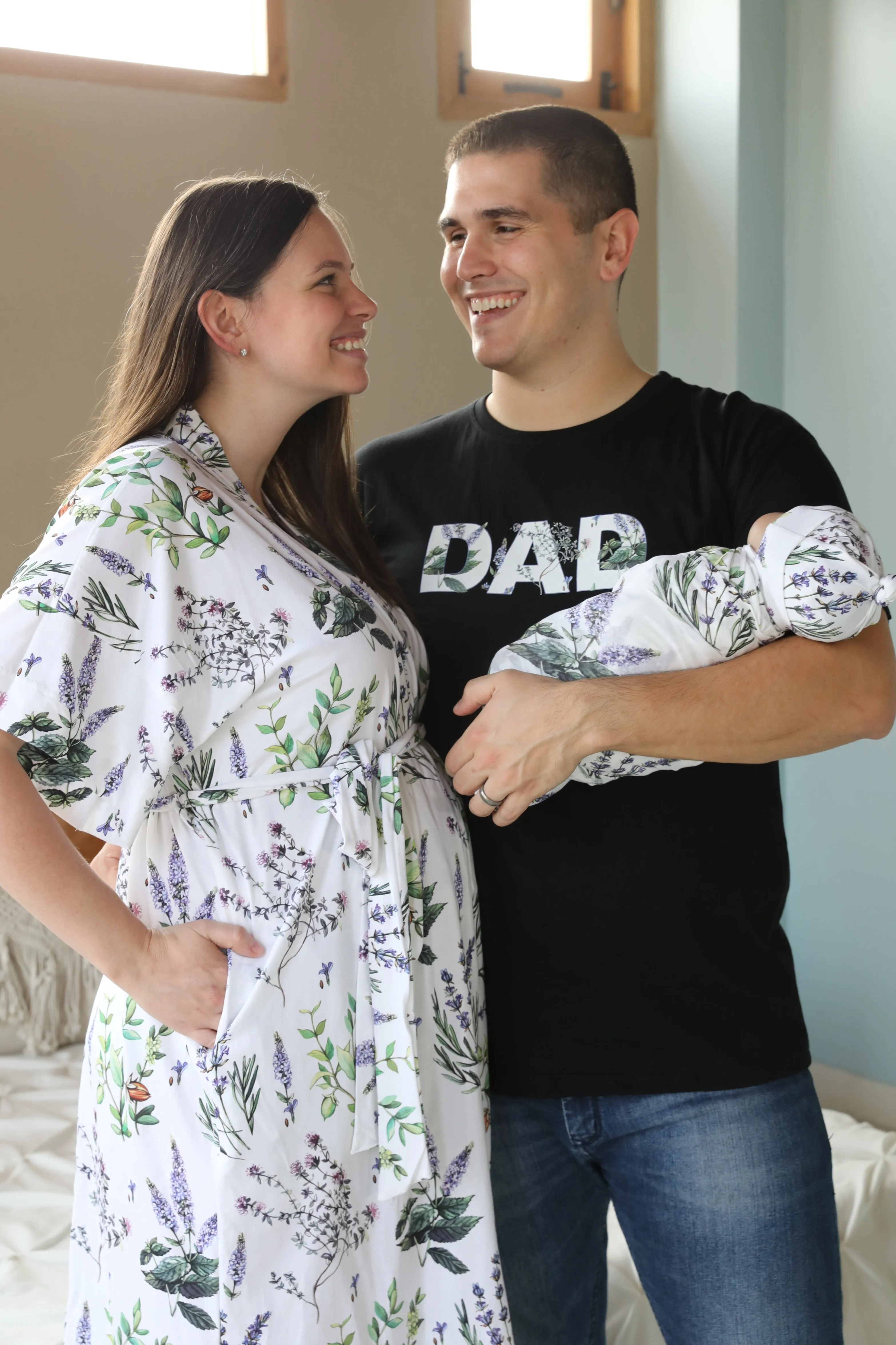 Botanical Robe swaddle personalized hat with matching dad shirt