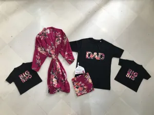 Burgundy Floral Matching Maternity Family Outfit Set  Robe, Swaddle, Hat, Dad Tee & Big Sibling Shirt