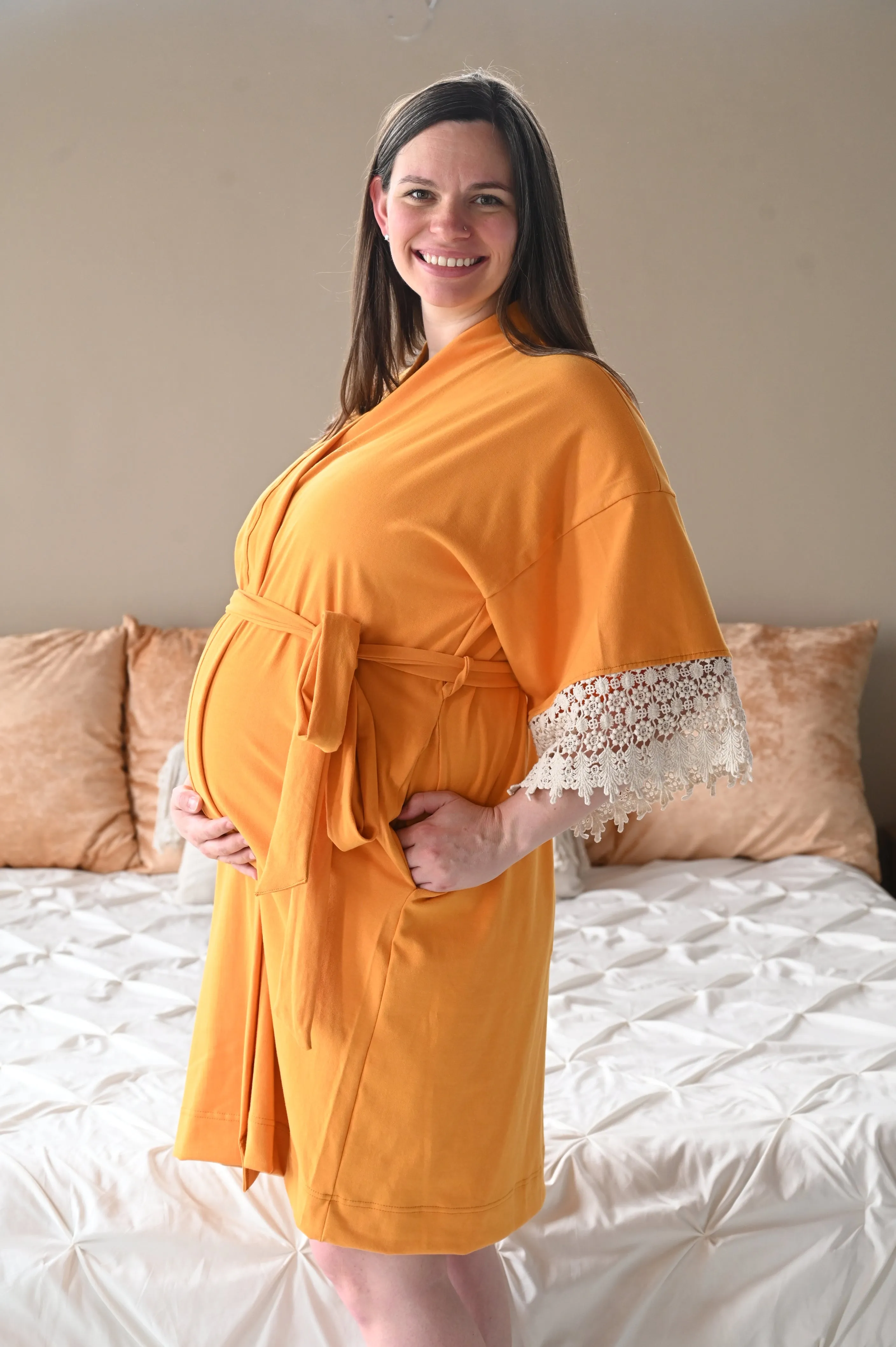 Burnt Yellow Robe swaddle personalized hat with matching dad shirt