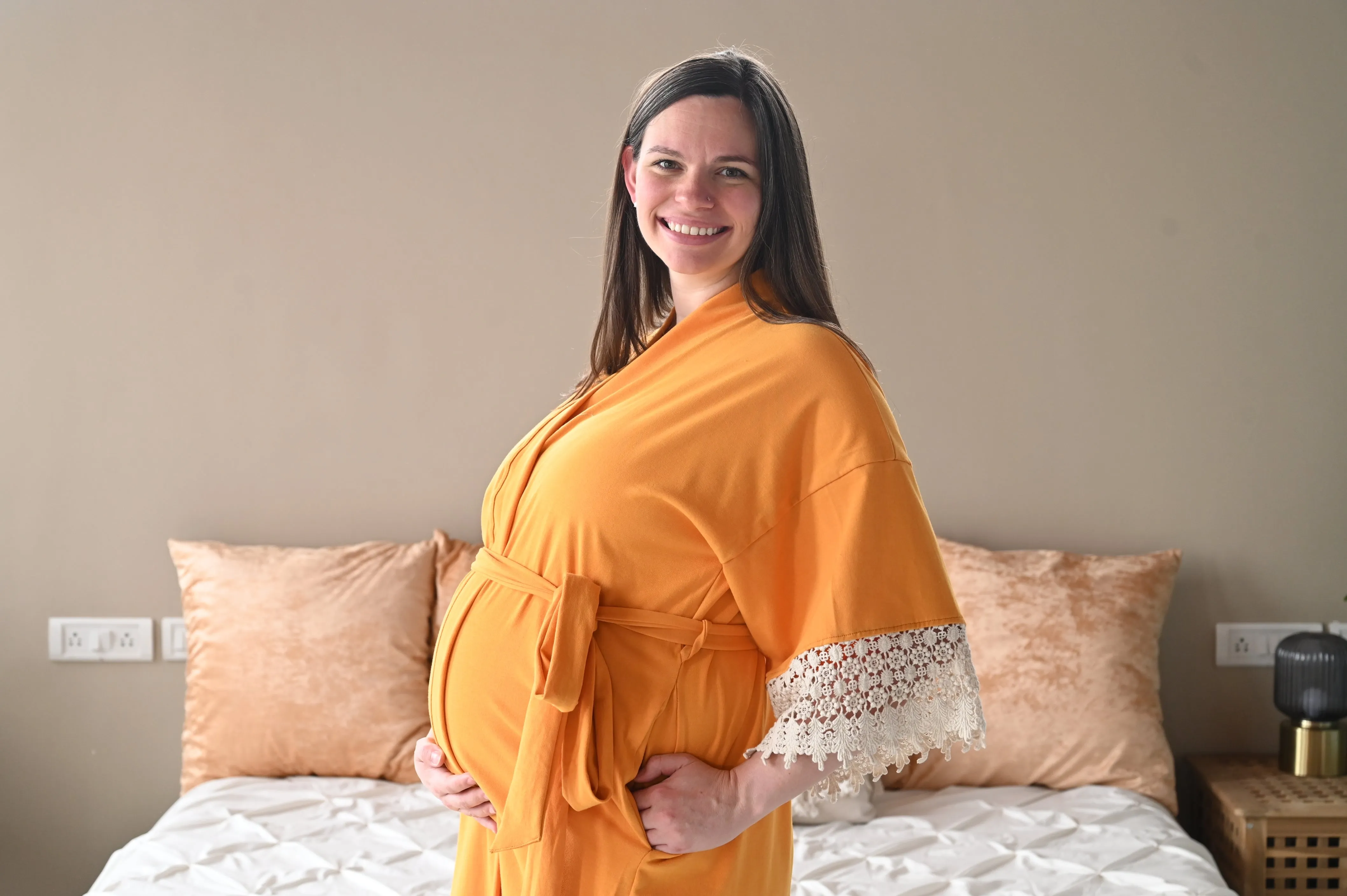 Burnt Yellow Robe swaddle personalized hat with matching dad shirt