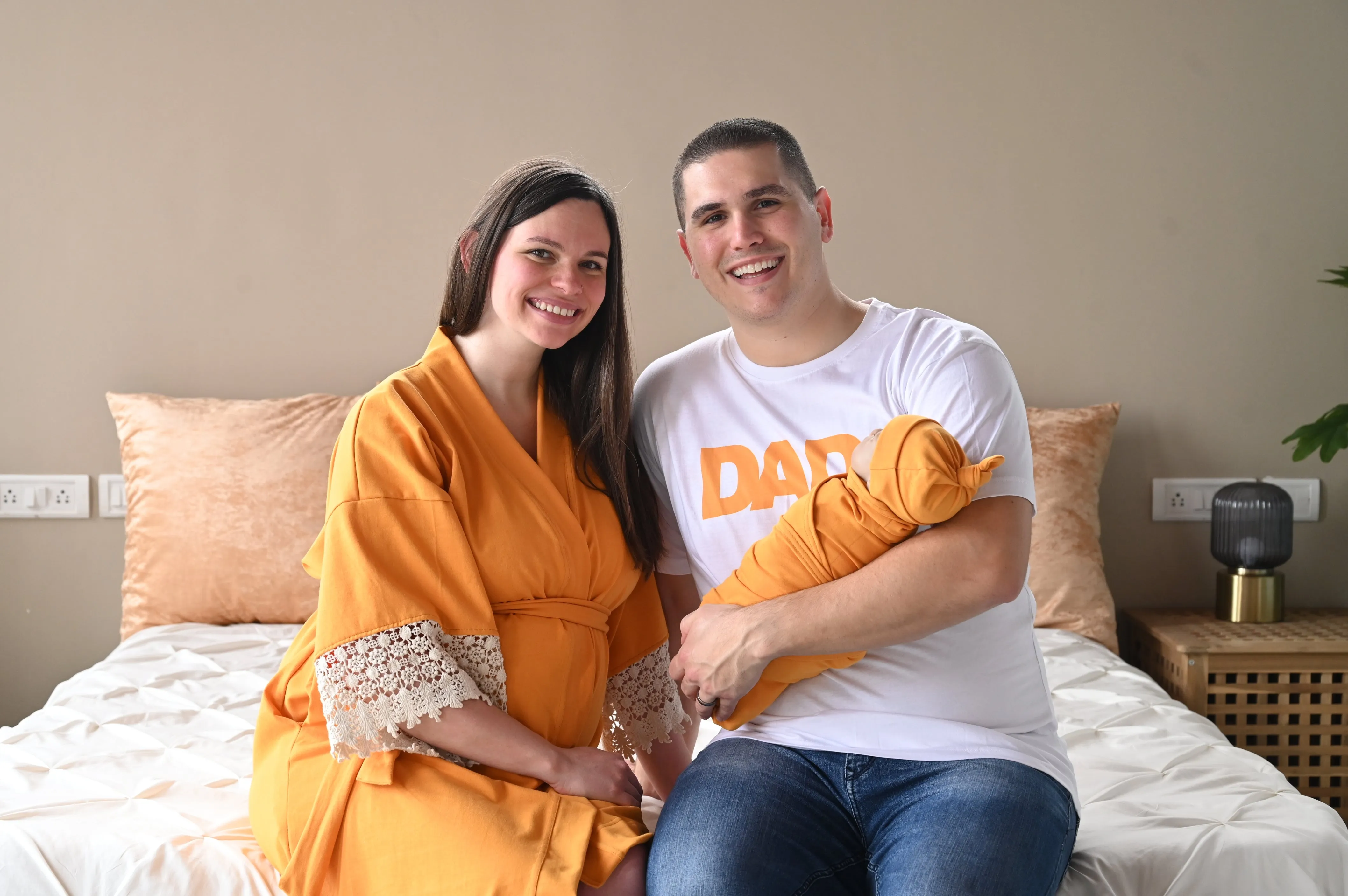 Burnt Yellow Robe swaddle personalized hat with matching dad shirt
