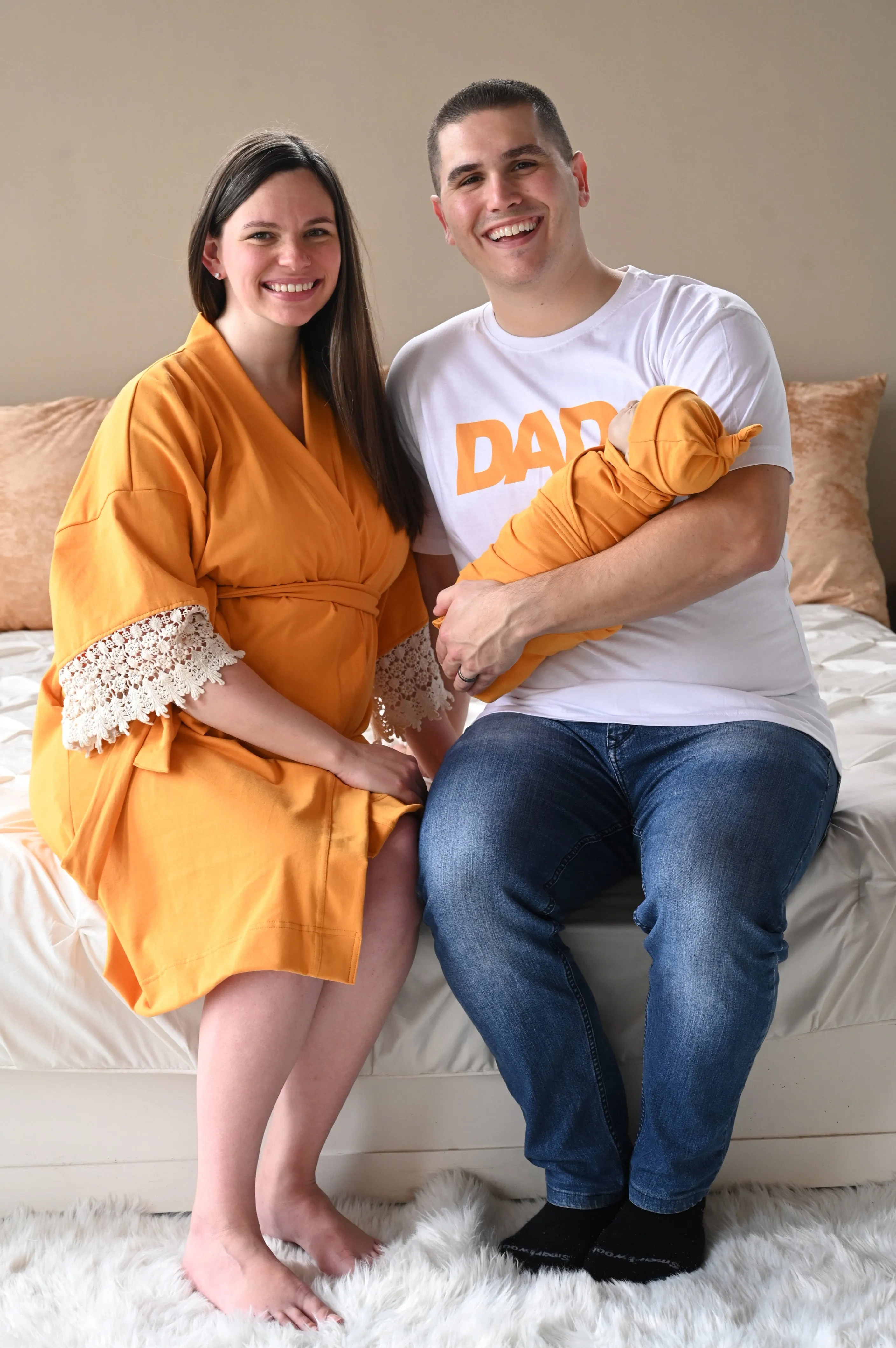 Burnt Yellow Robe swaddle personalized hat with matching dad shirt