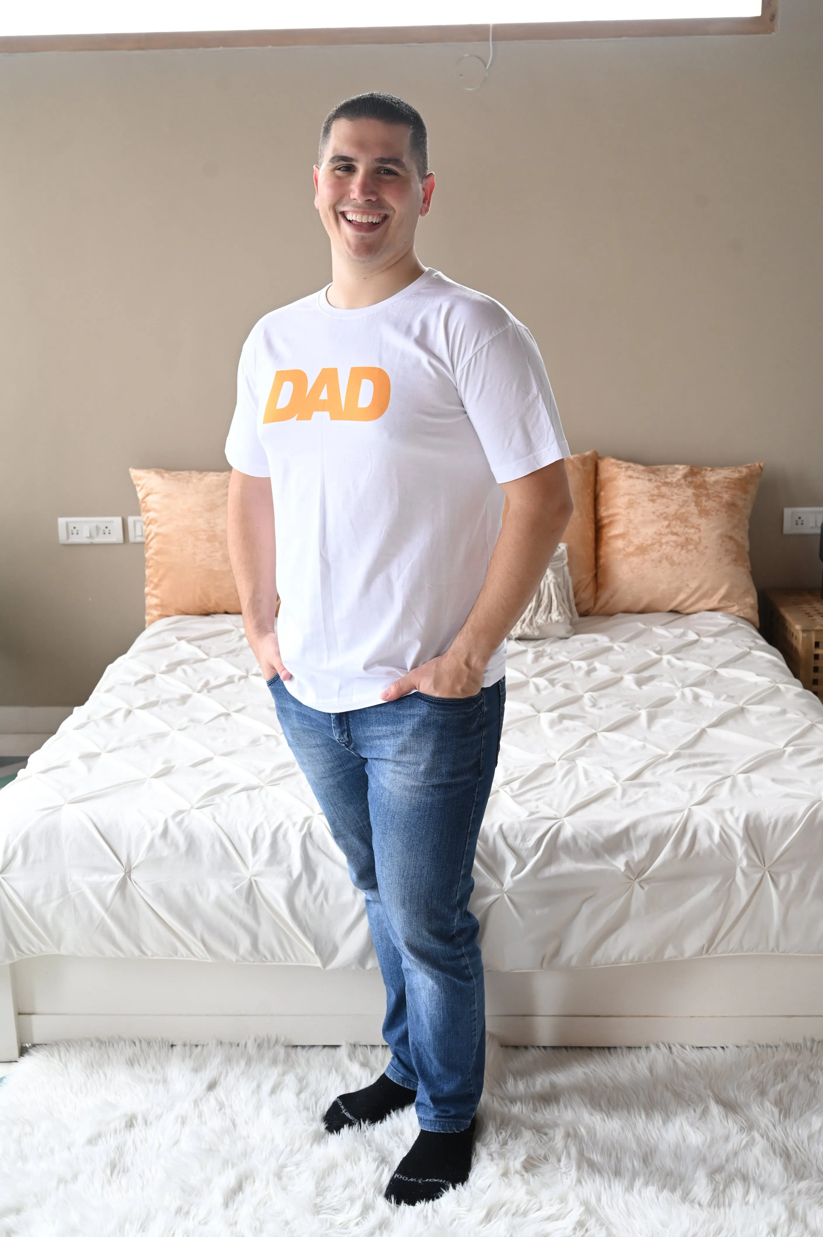 Burnt Yellow Robe swaddle personalized hat with matching dad shirt